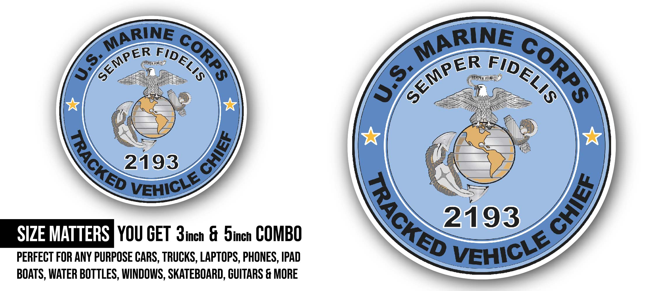 U.S.M.C. MOS 2193 Tracked Vehicle Chief Sticker, Waterproof Vinyl Decal Sticker Indoor Or Outdoor 2 (Pieces) 3" and 5"