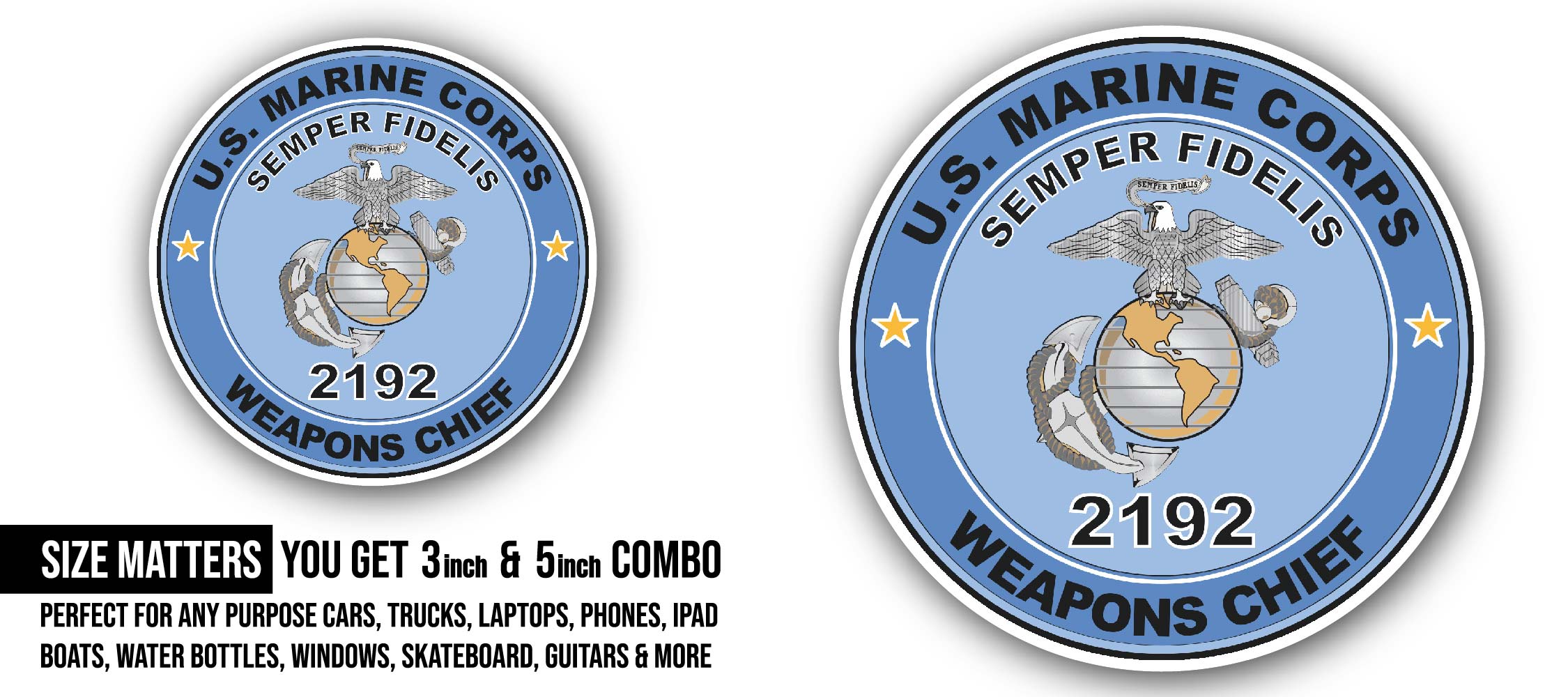 U.S.M.C. MOS 2192 Weapons Chief Sticker, Waterproof Vinyl Decal Sticker Indoor Or Outdoor 2 (Pieces) 3" and 5"