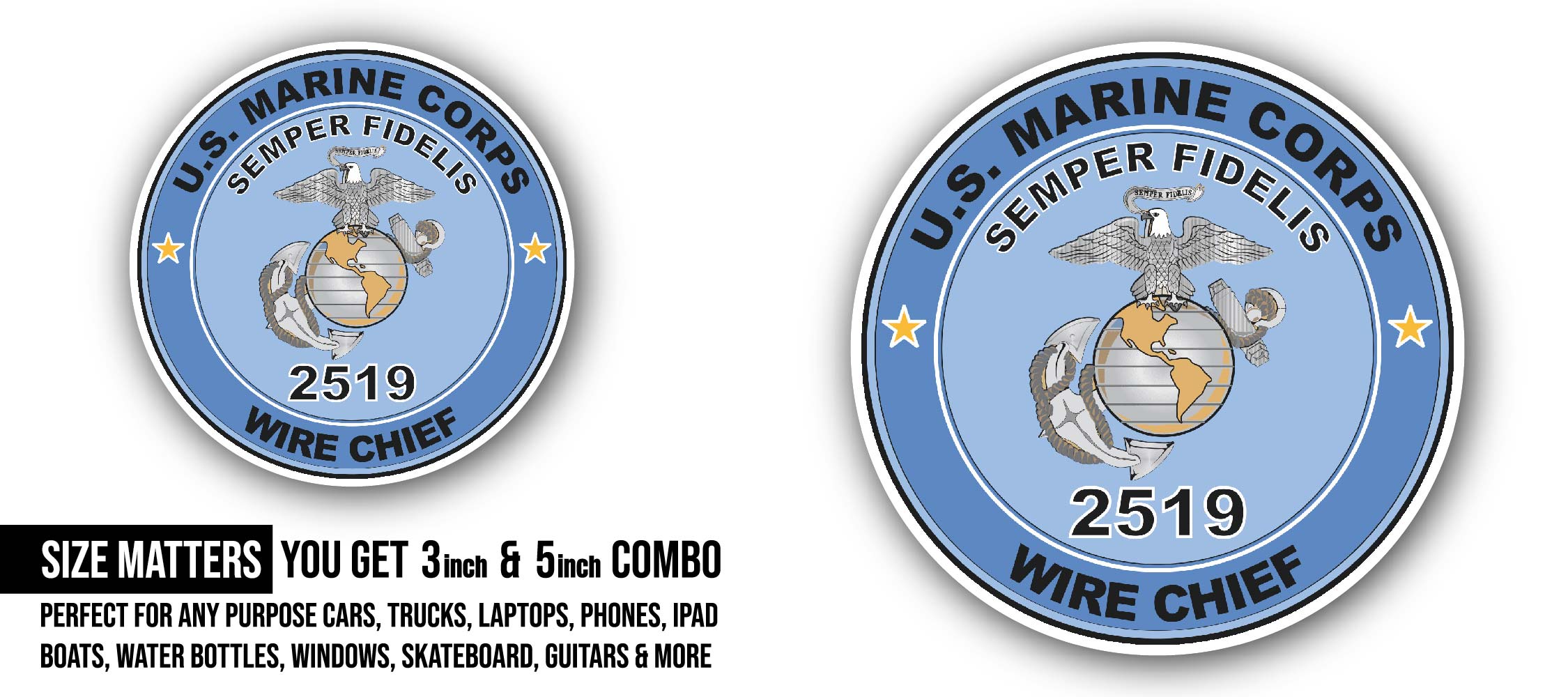 U.S.M.C. MOS 2519 Wire Chief Sticker, Waterproof Vinyl Decal Sticker Indoor Or Outdoor 2 (Pieces) 3" and 5"