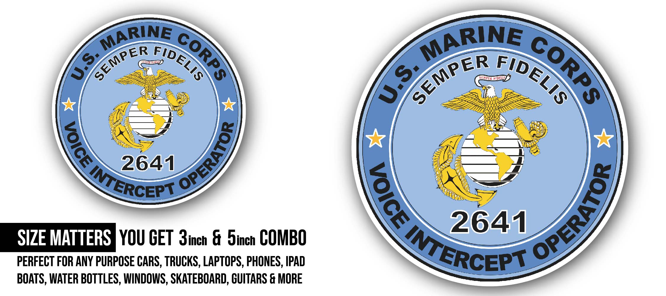 U.S.M.C. MOS 2641 Voice Intercept Operator Sticker, Waterproof Vinyl Decal Sticker Indoor Or Outdoor 2 (Pieces) 3" and 5"