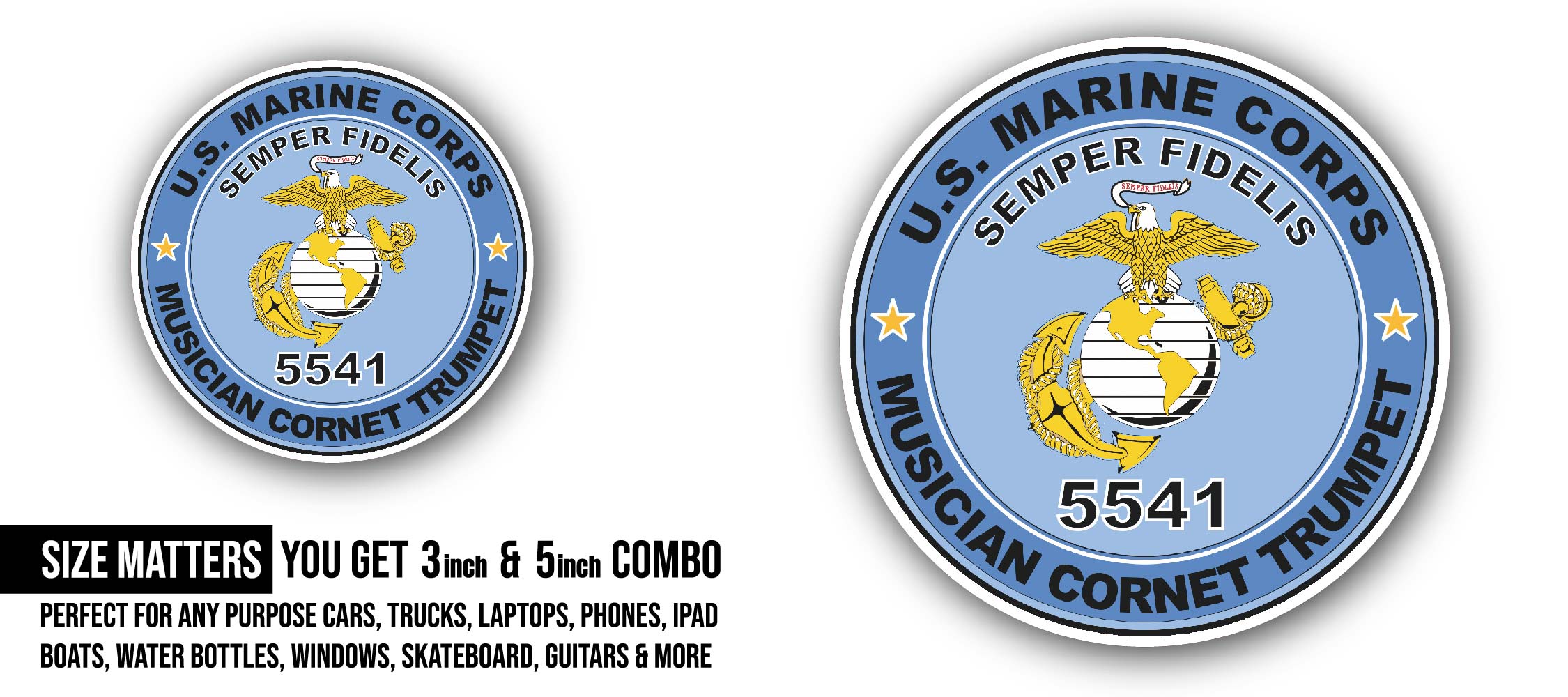 U.S.M.C. MOS 5541 Musician Cornet Trumpet Sticker, Waterproof Vinyl Decal Sticker Indoor Or Outdoor 2 (Pieces) 3" and 5"