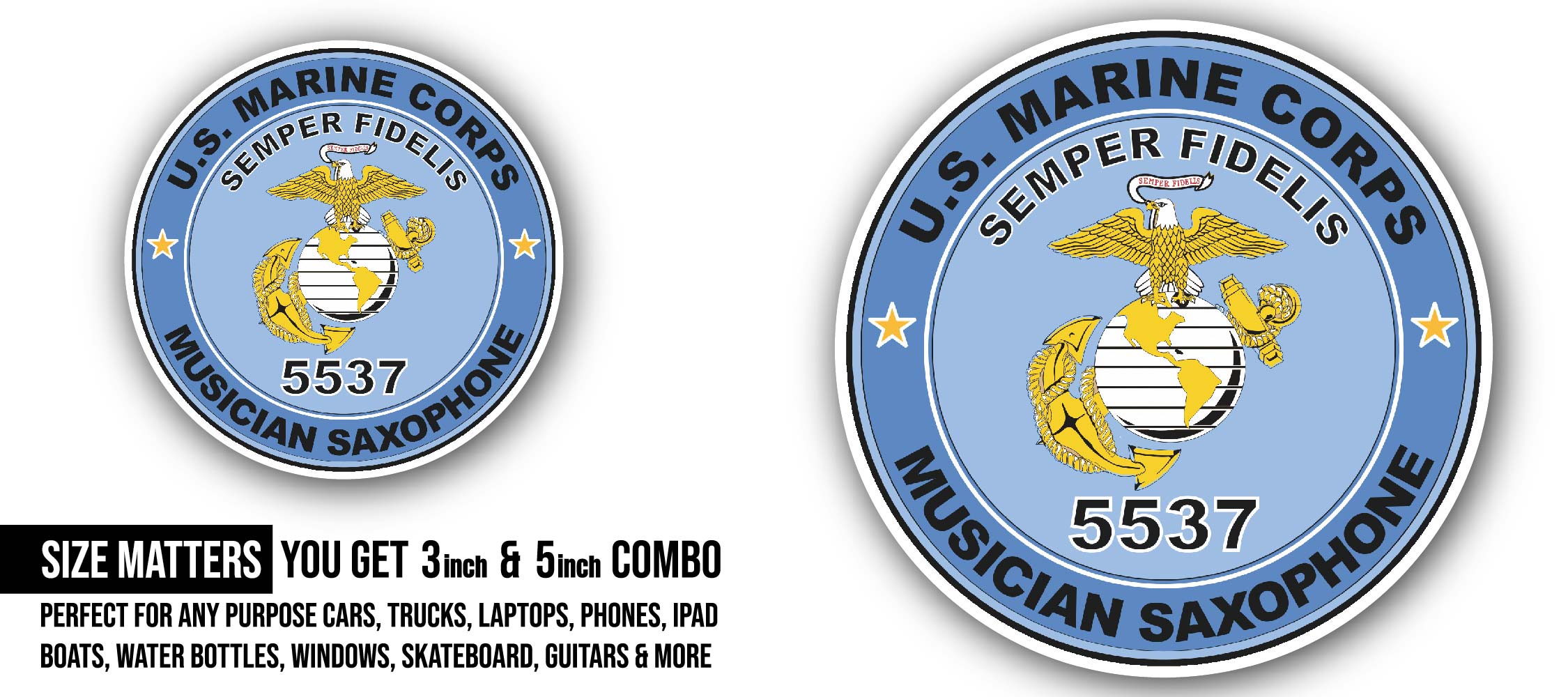 U.S.M.C. MOS 5537 Musician Saxophone Sticker, Waterproof Vinyl Decal Sticker Indoor Or Outdoor 2 (Pieces) 3" and 5"