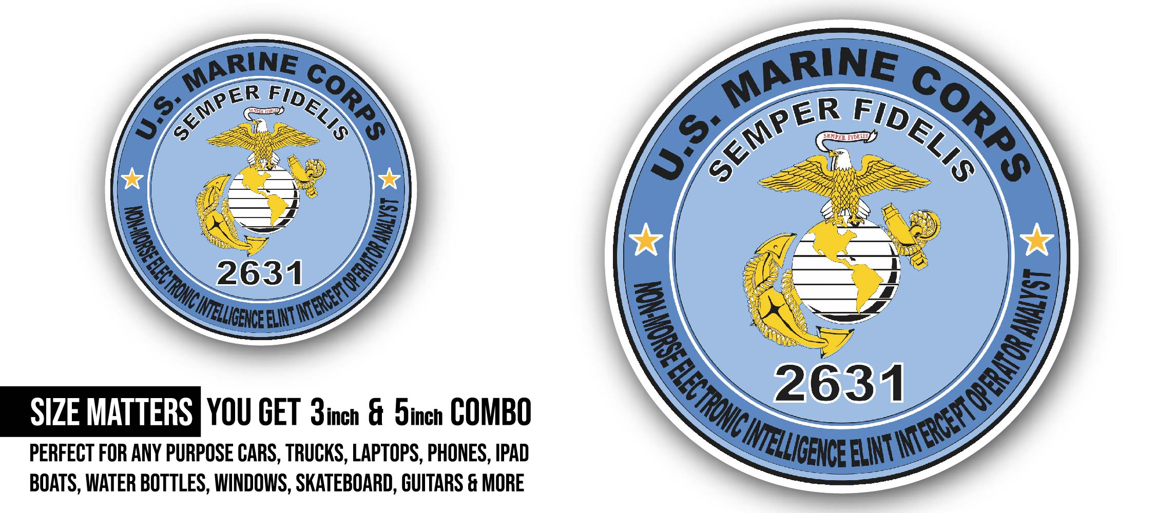 Non-Morse Electronic Intelligence ELINT Intercept Operator Analyst MOS 2631 Sticker, Waterproof Vinyl Decal Sticker Indoor Or Outdoor 2 (Pieces) 3" and 5"