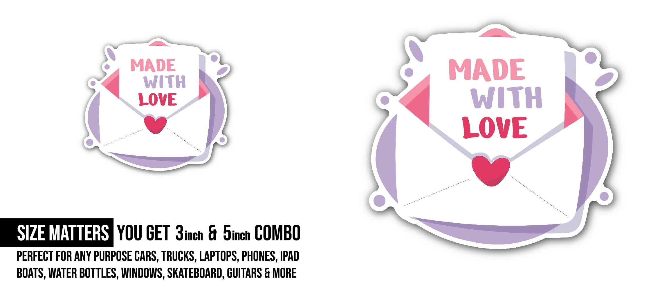 Made with Love Letter Sticker, Waterproof Vinyl Decal Sticker Indoor Or Outdoor 2 (Pieces) 3" and 5"