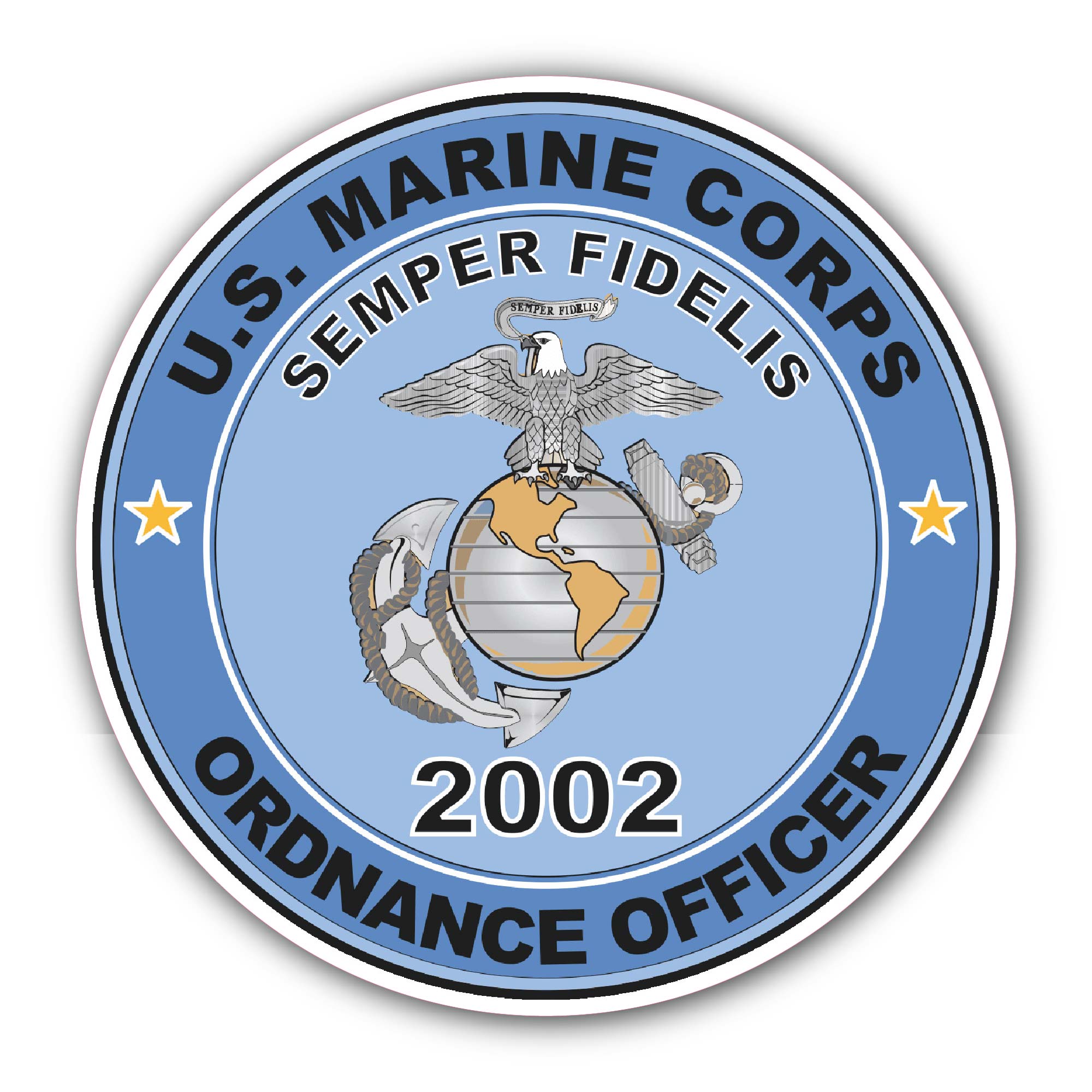 U.S.M.C. MOS 2002 Ordnance Officer Sticker, Waterproof Vinyl Decal Sticker Indoor Or Outdoor 2 (Pieces) 3" and 5"