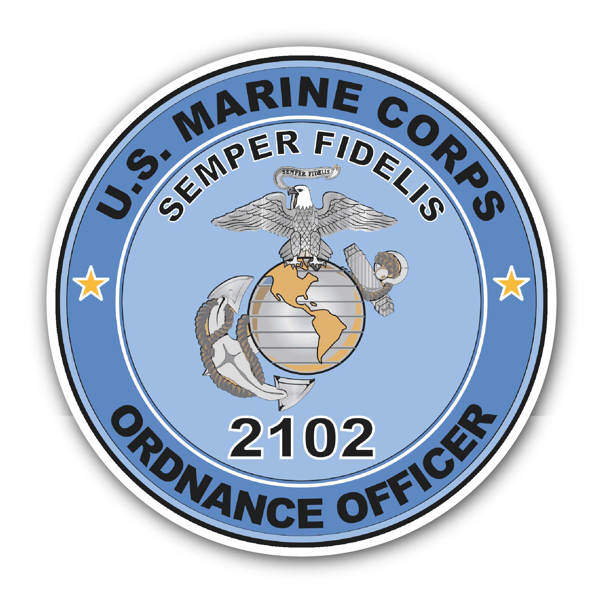 U.S.M.C. MOS 2102 Ordnance Officer Sticker, Waterproof Vinyl Decal Sticker Indoor Or Outdoor 2 (Pieces) 3" and 5"