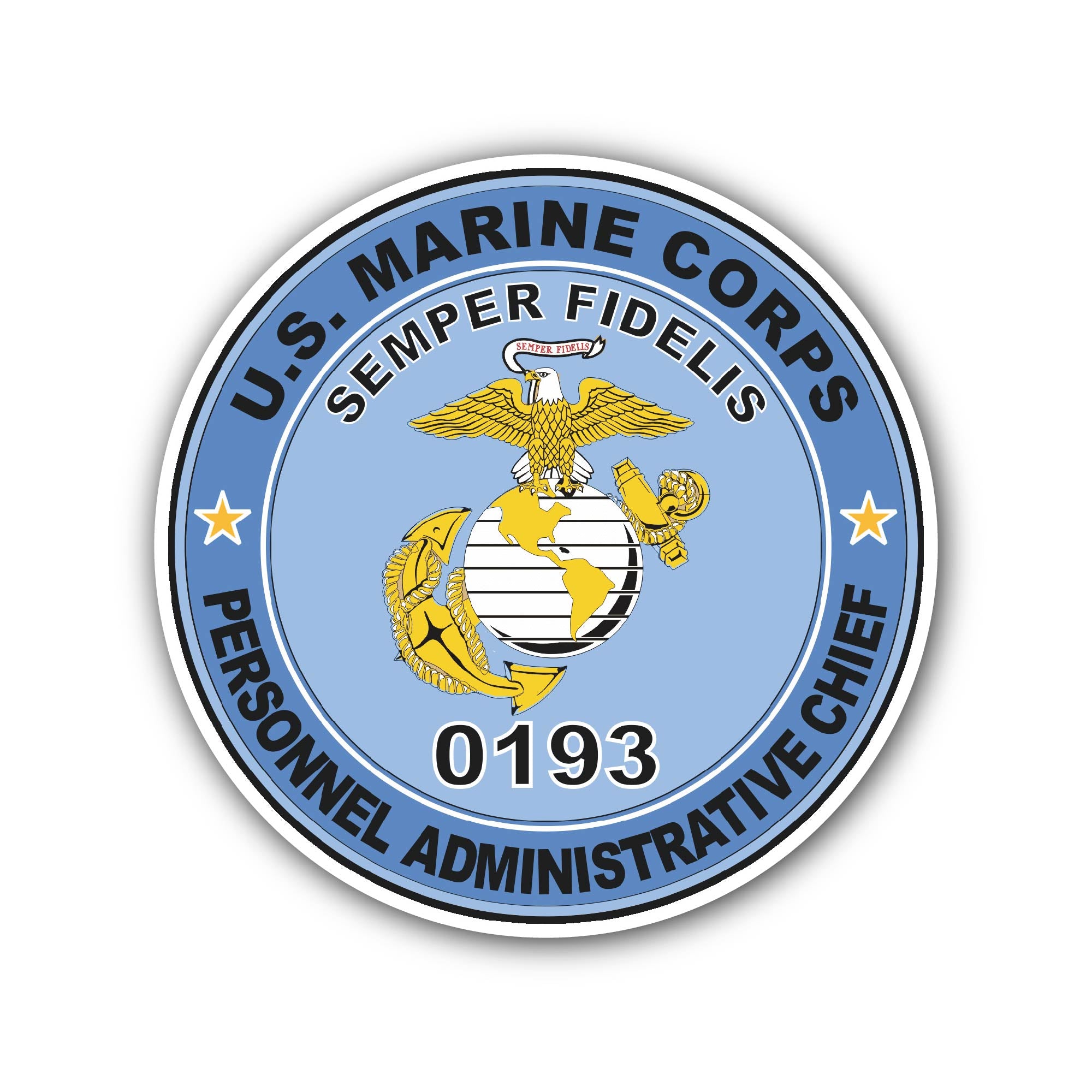 U.S.M.C. MOS 0193 Personnel Administrative Chief Sticker, Waterproof Vinyl Decal Sticker Indoor Or Outdoor 2 (Pieces) 3" and 5"