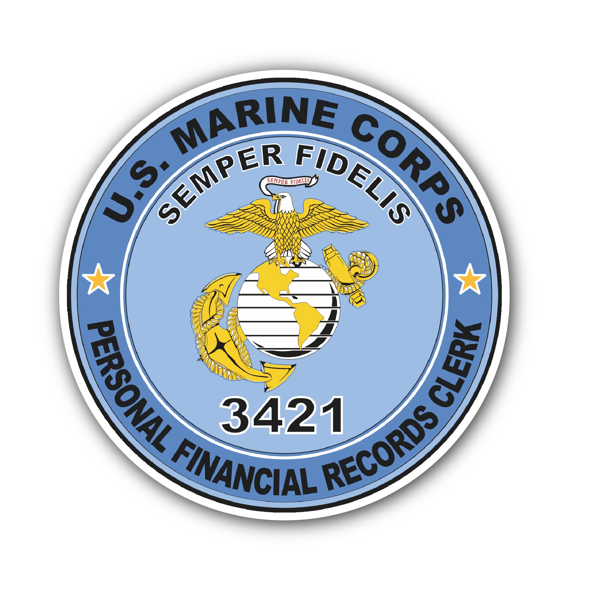 U.S.M.C. MOS 3421 Personal Financial Records Clerk Sticker, Waterproof Vinyl Decal Sticker Indoor Or Outdoor 2 (Pieces) 3" and 5"