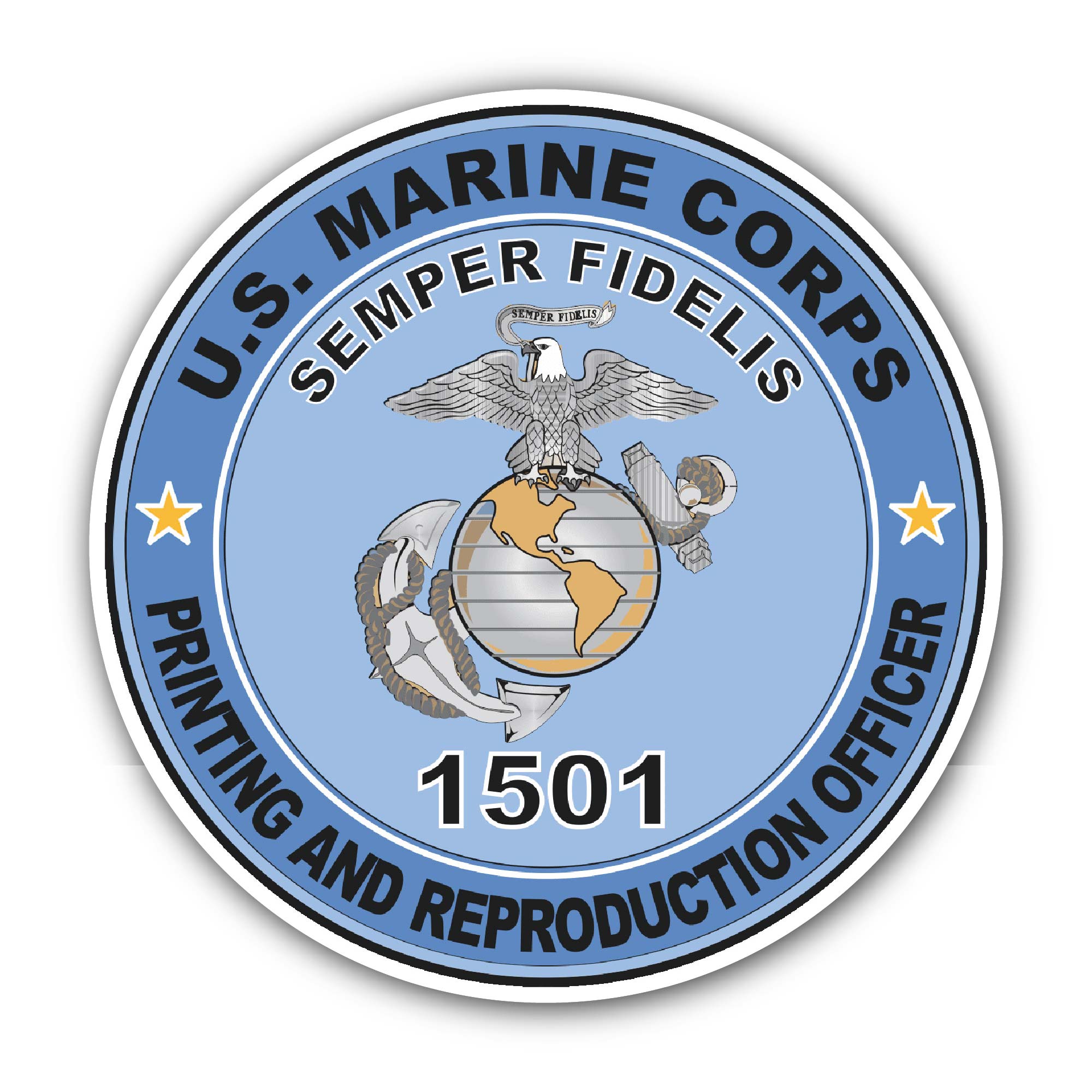 U.S.M.C. MOS 1501 Printing and Reproduction Officer Sticker, Waterproof Vinyl Decal Sticker Indoor Or Outdoor 2 (Pieces) 3" and 5"