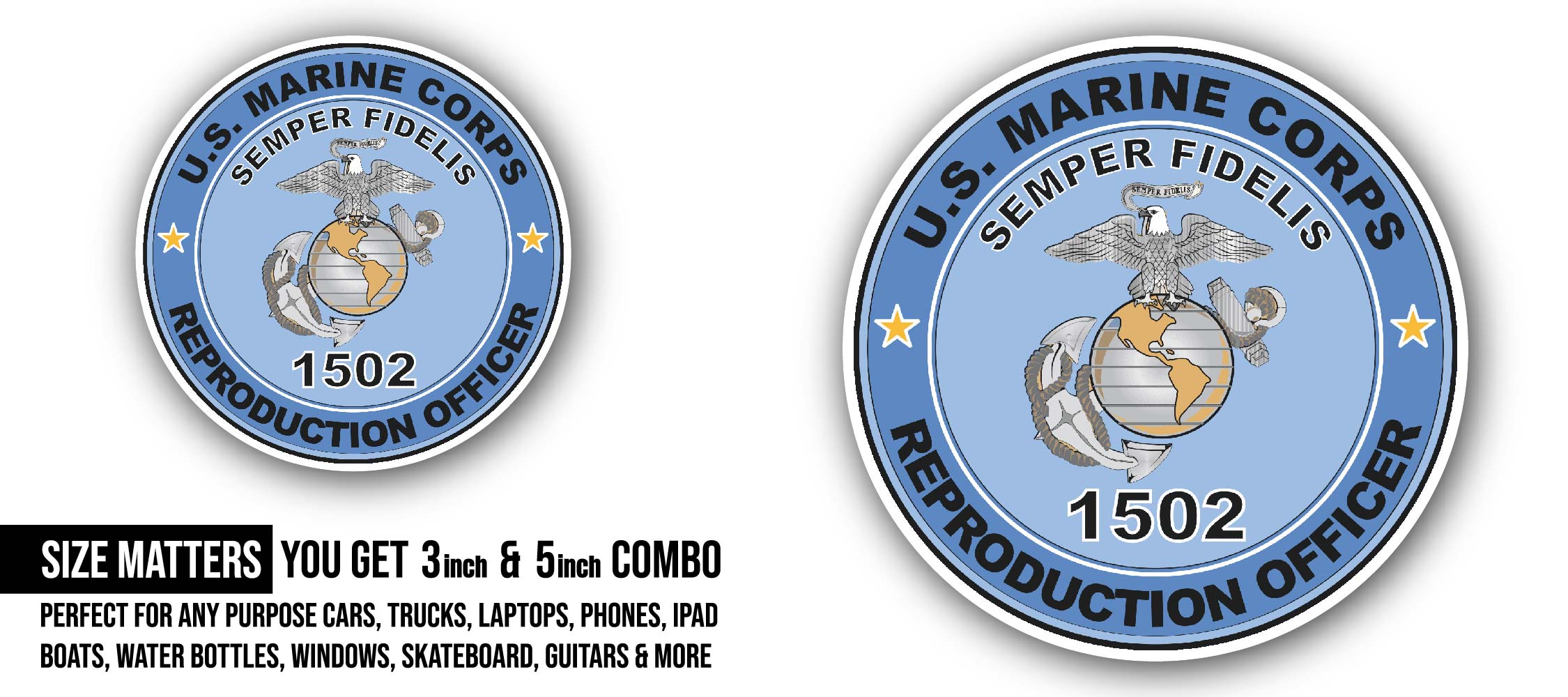 U.S.M.C. MOS 1502 Reproduction Officer Sticker, Waterproof Vinyl Decal Sticker Indoor Or Outdoor 2 (Pieces) 3" and 5"