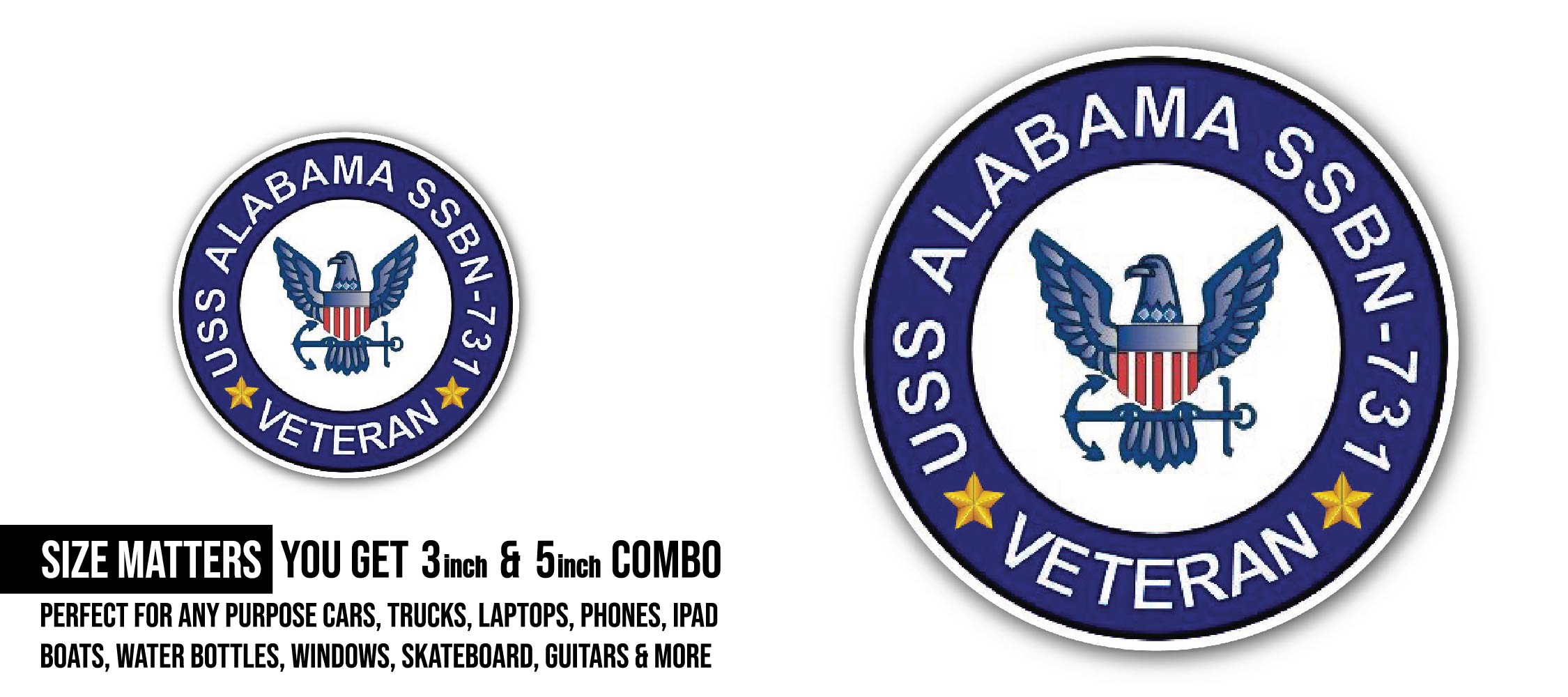 USS Alabama SSBN-731 Veteran Sticker, Waterproof Vinyl Decal Sticker Indoor Or Outdoor 2 (Pieces) 3" and 5"