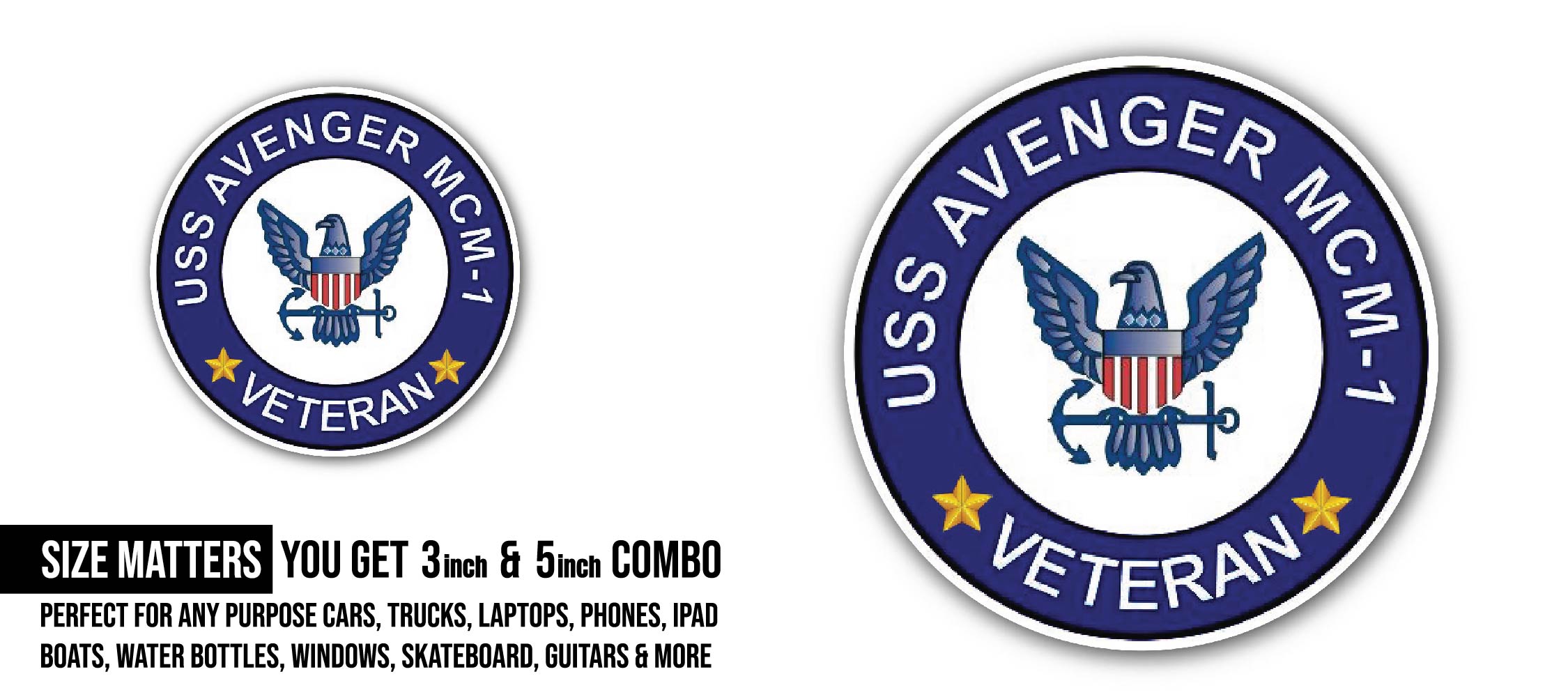 USS Avenger MCM-1 Veteran Sticker, Waterproof Vinyl Decal Sticker Indoor Or Outdoor 2 (Pieces) 3" and 5"