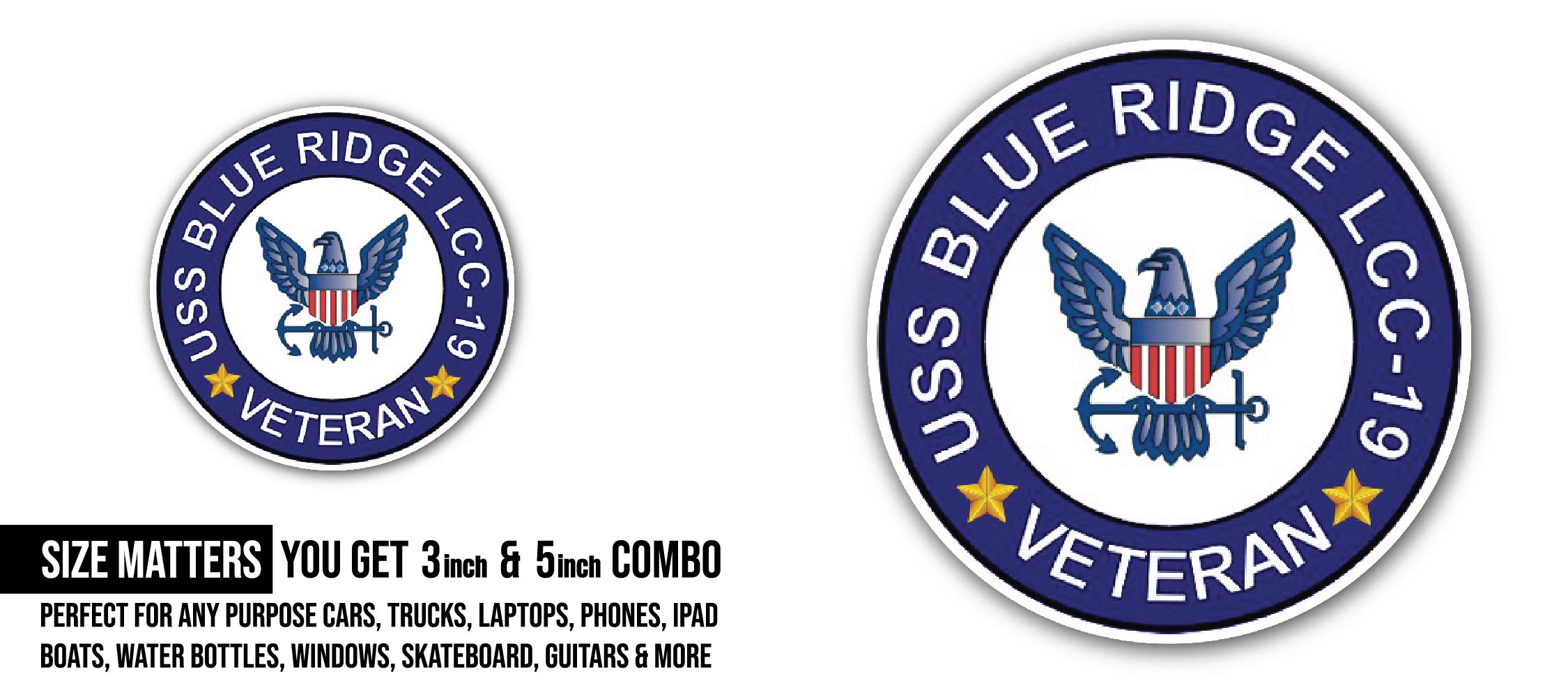 USS Blue Ridge LCC-19 Veteran Sticker, Waterproof Vinyl Decal Sticker Indoor Or Outdoor 2 (Pieces) 3" and 5"