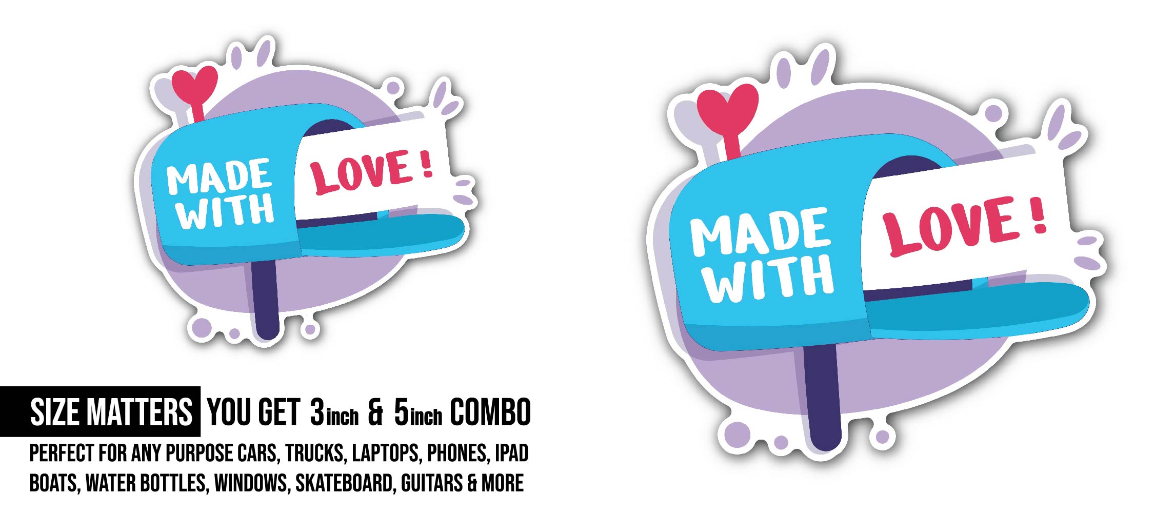 Made with Love & Letter Box Sticker, Waterproof Vinyl Decal Sticker Indoor Or Outdoor 2 (Pieces) 3" and 5"