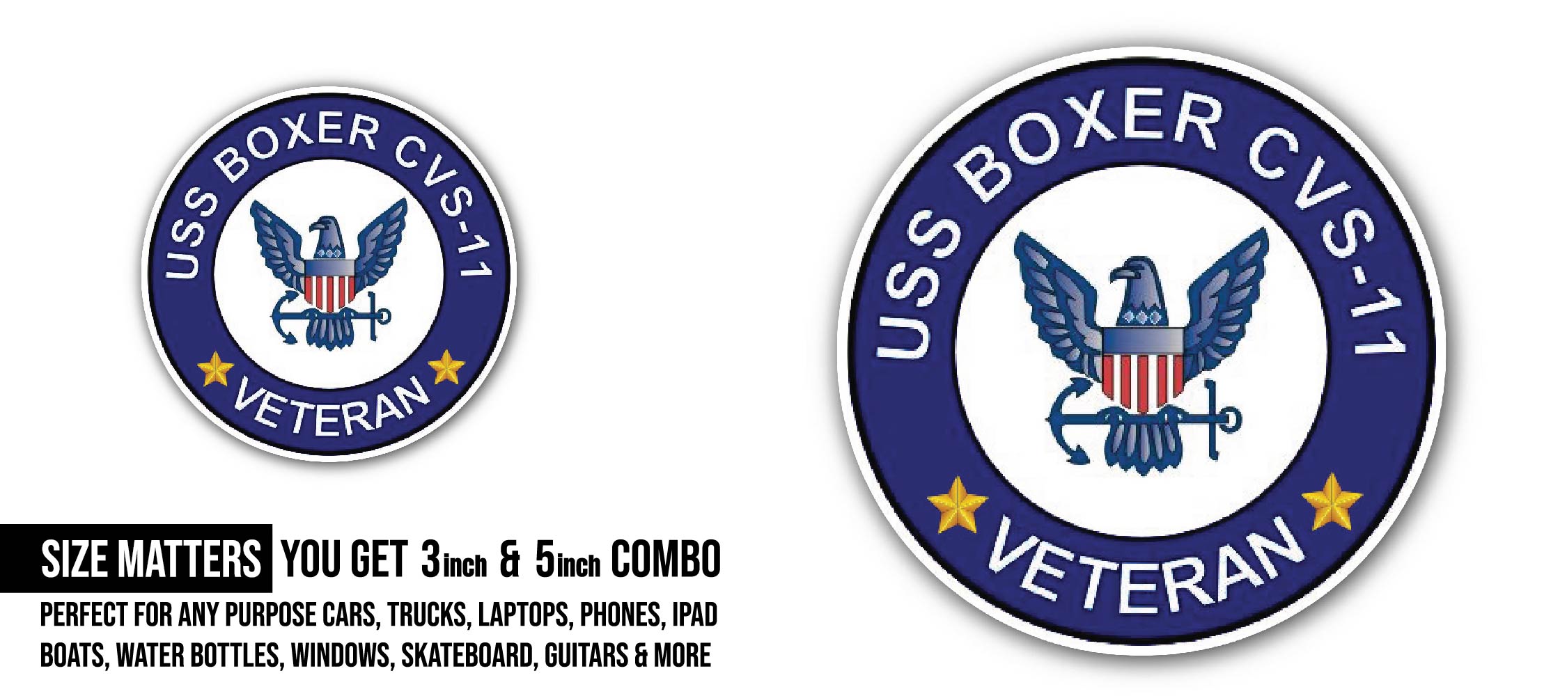 USS Boxer CVS-11 Veteran Sticker, Waterproof Vinyl Decal Sticker Indoor Or Outdoor 2 (Pieces) 3" and 5"
