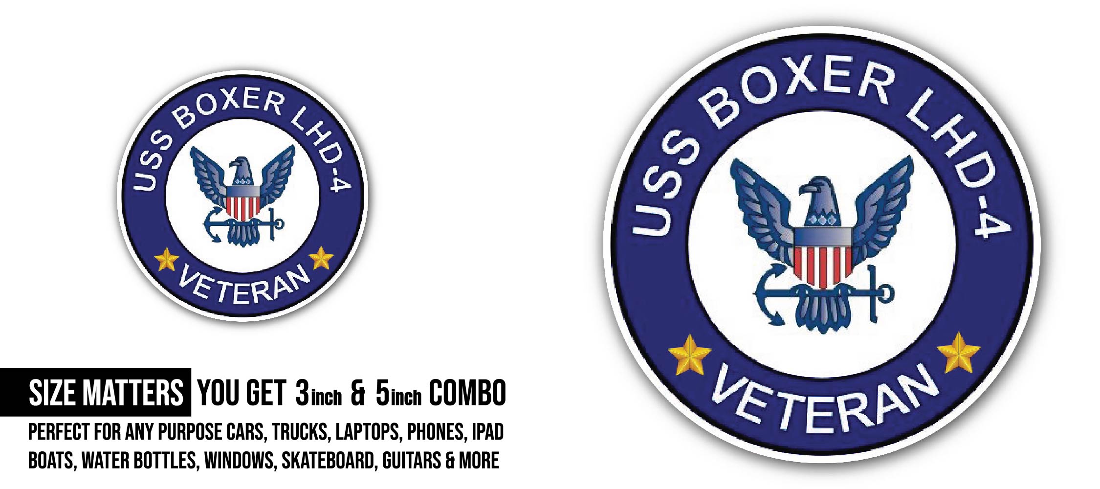 USS Boxer LHD-4 Veteran Sticker, Waterproof Vinyl Decal Sticker Indoor Or Outdoor 2 (Pieces) 3" and 5"