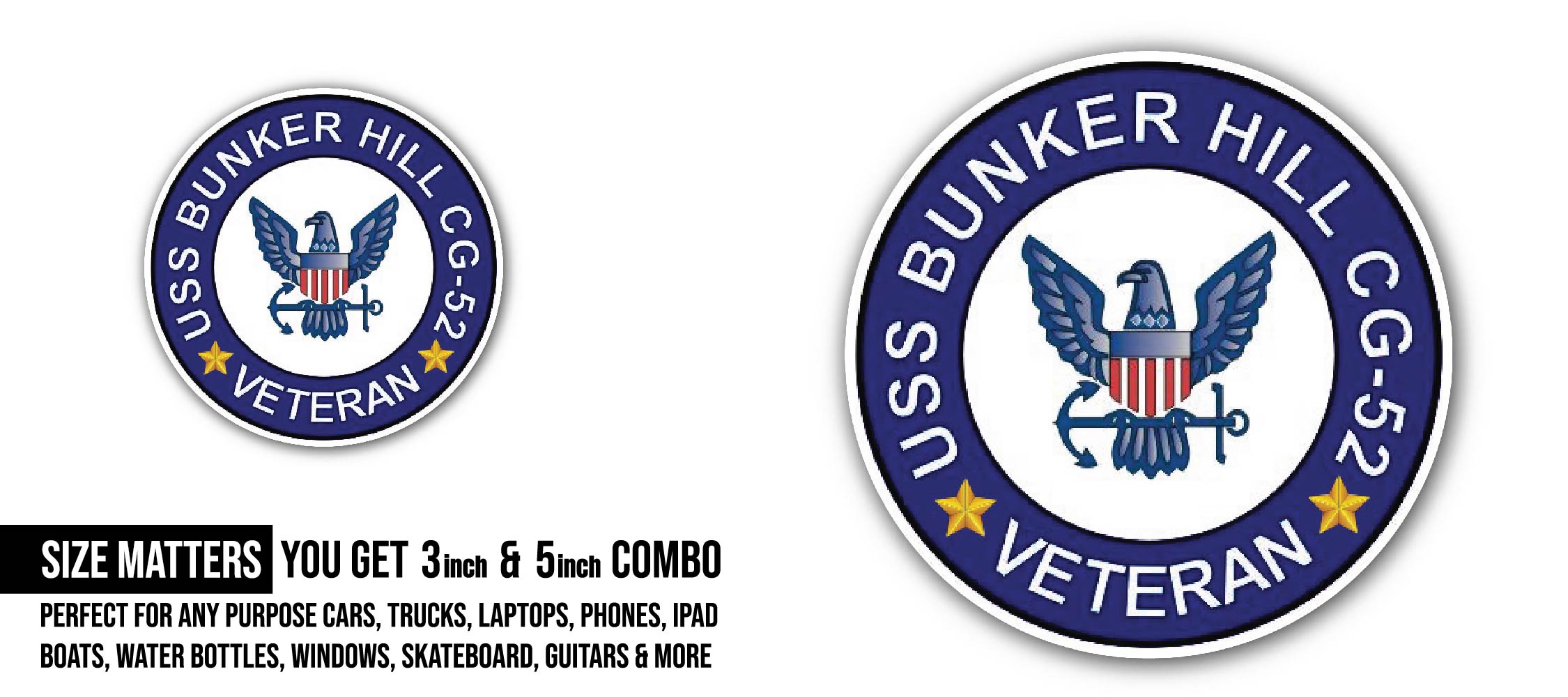 USS Bunker Hill CG-52 Veteran Sticker, Waterproof Vinyl Decal Sticker Indoor Or Outdoor 2 (Pieces) 3" and 5"