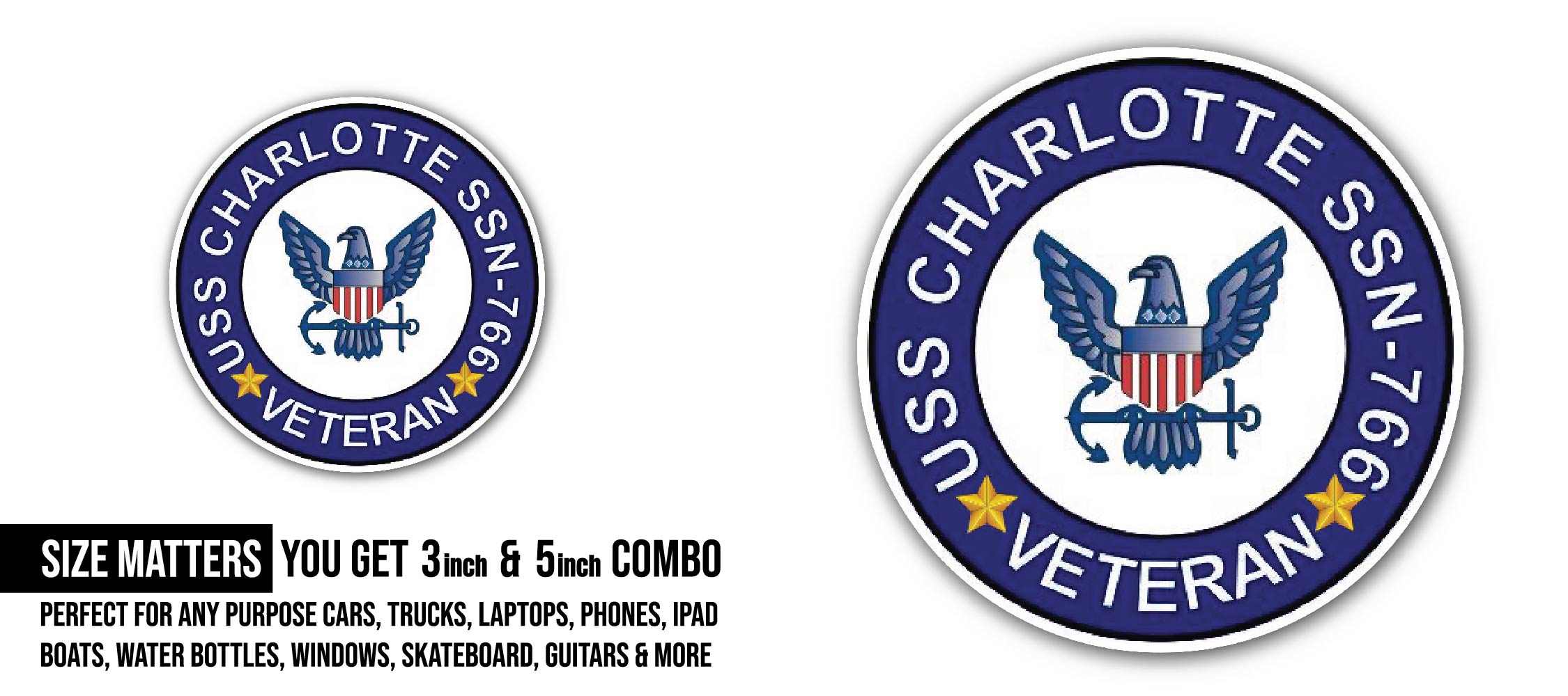 USS Charlotte SSN-766 Veteran Sticker, Waterproof Vinyl Decal Sticker Indoor Or Outdoor 2 (Pieces) 3" and 5"