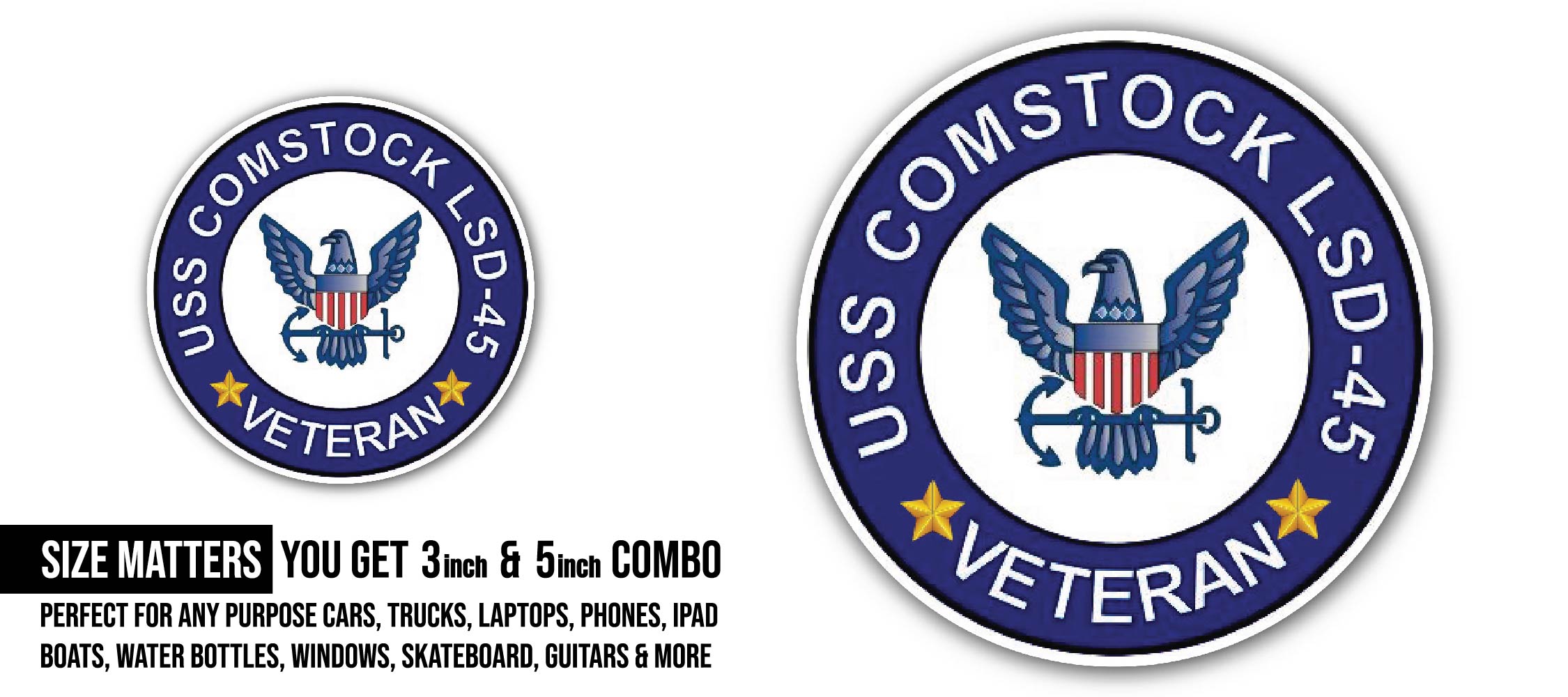USS Comstock LSD-45 Veteran Sticker, Waterproof Vinyl Decal Sticker Indoor Or Outdoor 2 (Pieces) 3" and 5"
