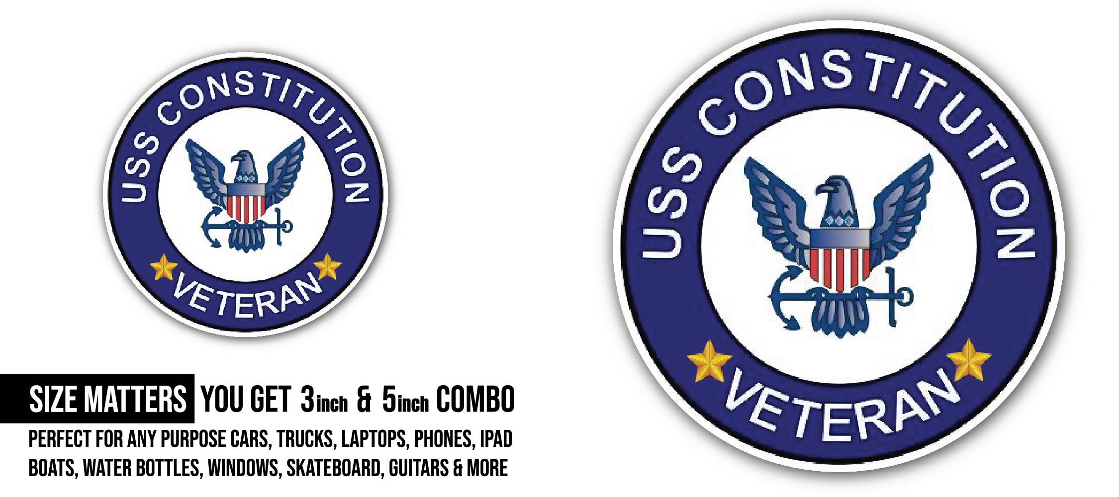 USS Constitution Veteran Sticker, Waterproof Vinyl Decal Sticker Indoor Or Outdoor 2 (Pieces) 3" and 5"