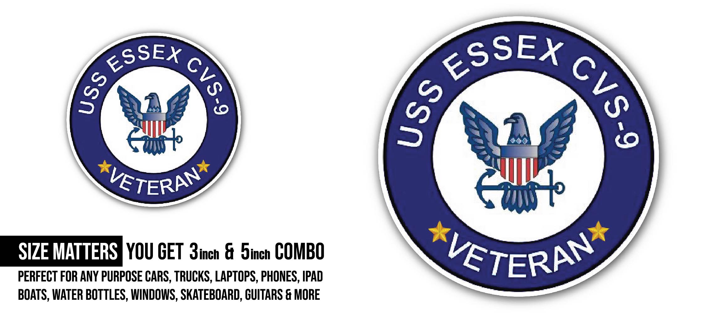 USS Essex CVS-9 Veteran Sticker, Waterproof Vinyl Decal Sticker Indoor Or Outdoor 2 (Pieces) 3" and 5"
