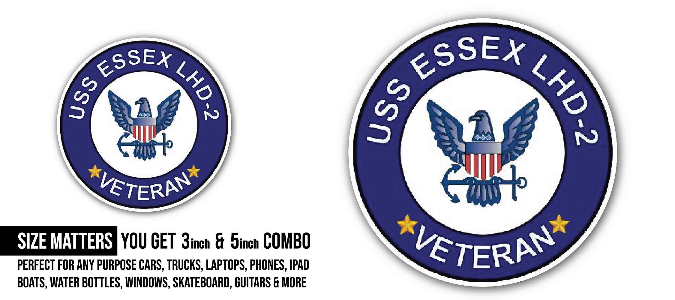 USS Essex LHD-2 Veteran Sticker, Waterproof Vinyl Decal Sticker Indoor Or Outdoor 2 (Pieces) 3" and 5"