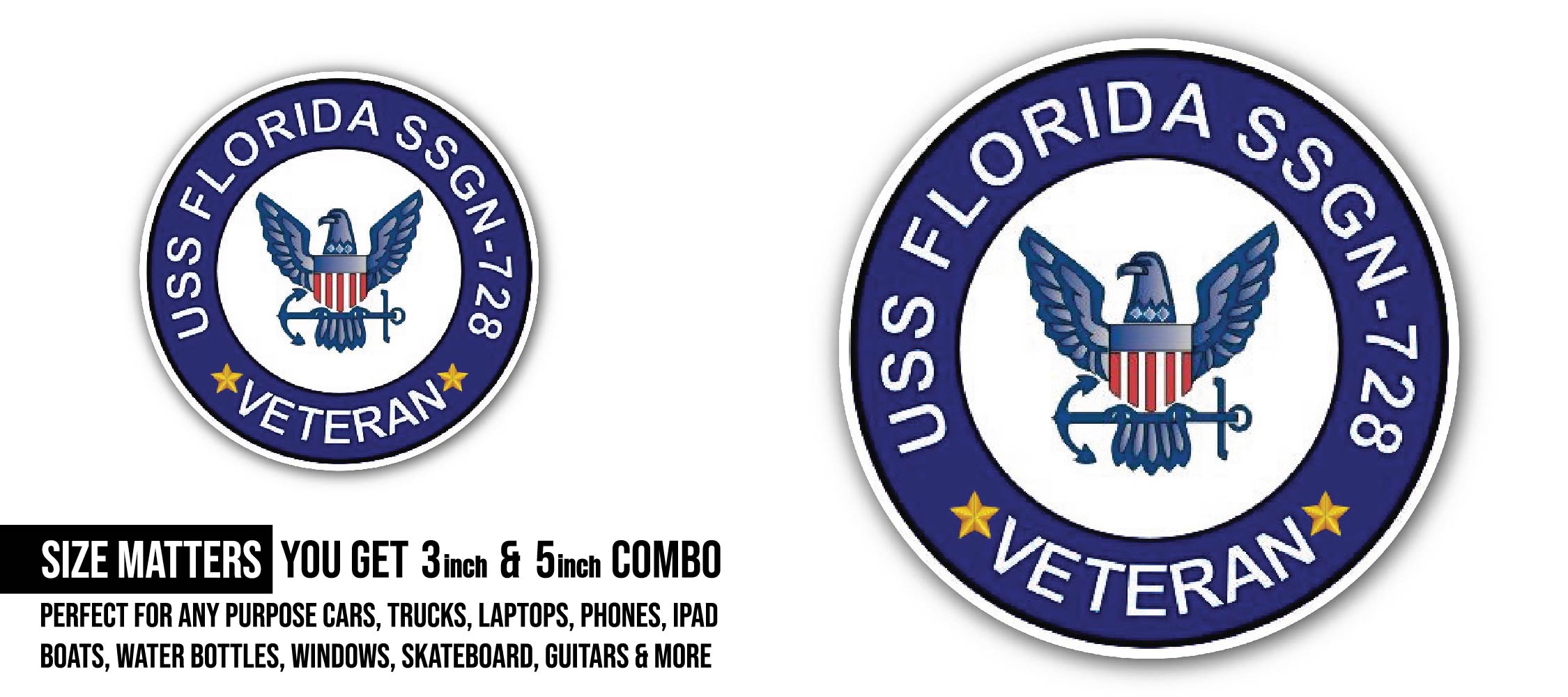 USS Florida SSGN-728 Veteran Sticker, Waterproof Vinyl Decal Sticker Indoor Or Outdoor 2 (Pieces) 3" and 5"