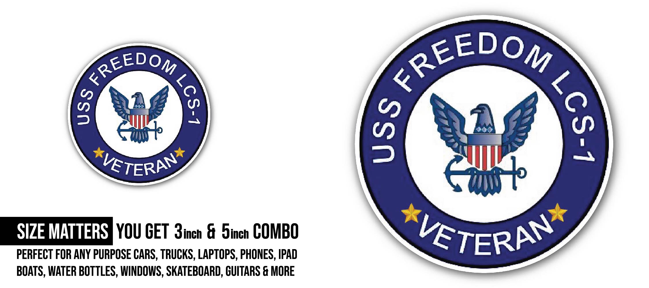 USS Freedom LCS-1 Veteran Sticker, Waterproof Vinyl Decal Sticker Indoor Or Outdoor 2 (Pieces) 3" and 5"