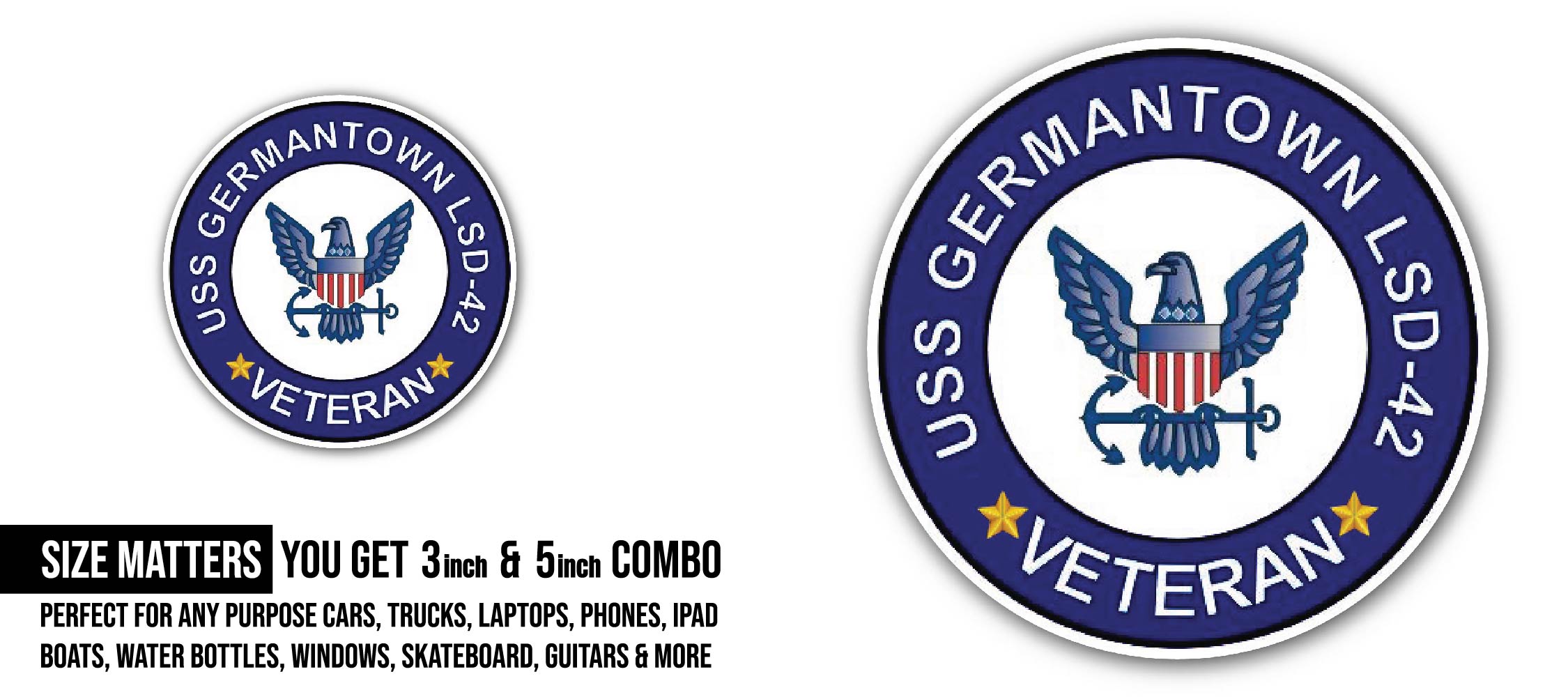 USS Germantown LSD-42 Veteran Sticker, Waterproof Vinyl Decal Sticker Indoor Or Outdoor 2 (Pieces) 3" and 5"