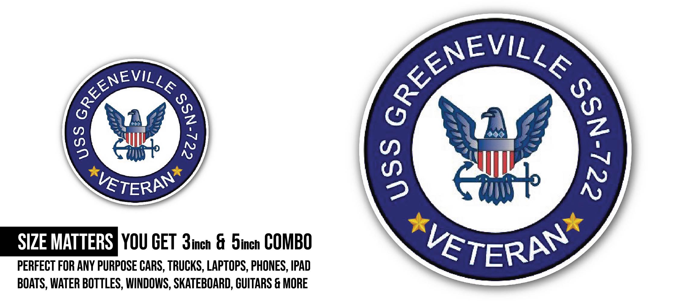 USS Greeneville SSN-722 Veteran Sticker, Waterproof Vinyl Decal Sticker Indoor Or Outdoor 2 (Pieces) 3" and 5"
