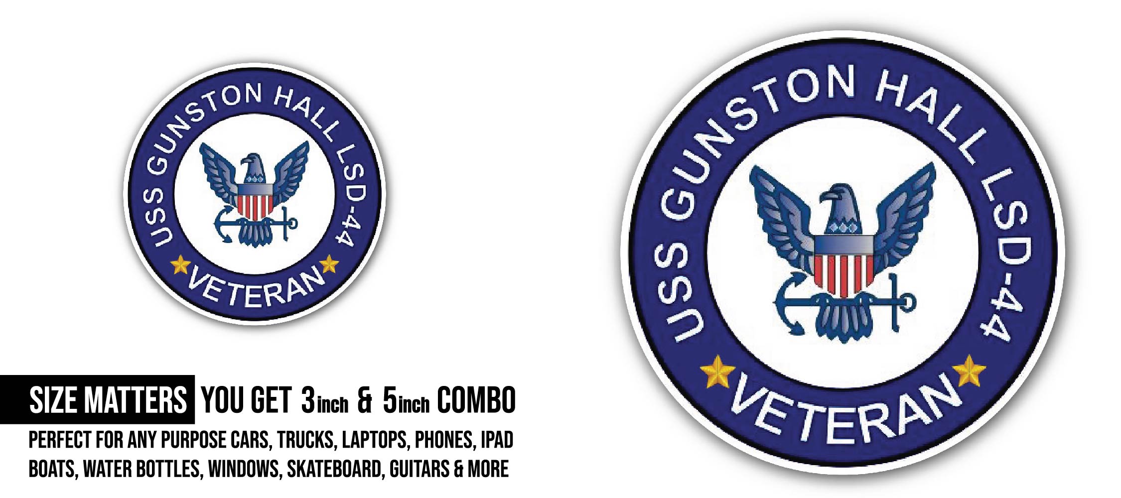 USS Gunston Hall LSD-44 Veteran Sticker, Waterproof Vinyl Decal Sticker Indoor Or Outdoor 2 (Pieces) 3" and 5"