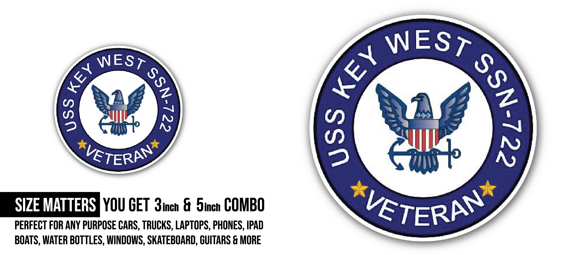 USS Key West SSN-722 Veteran Sticker, Waterproof Vinyl Decal Sticker Indoor Or Outdoor 2 (Pieces) 3" and 5"