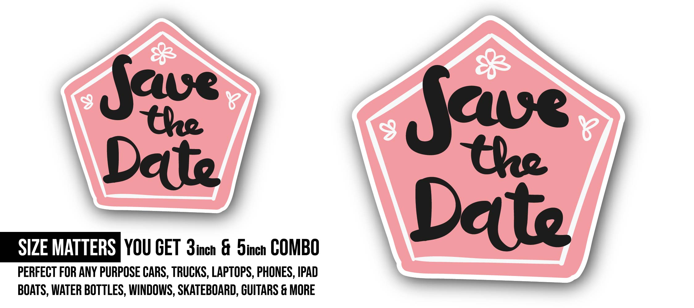 Polygon Shapes and Save The Date Text Sticker, Waterproof Vinyl Decal Sticker Indoor Or Outdoor 2 (Pieces) 3" and 5"