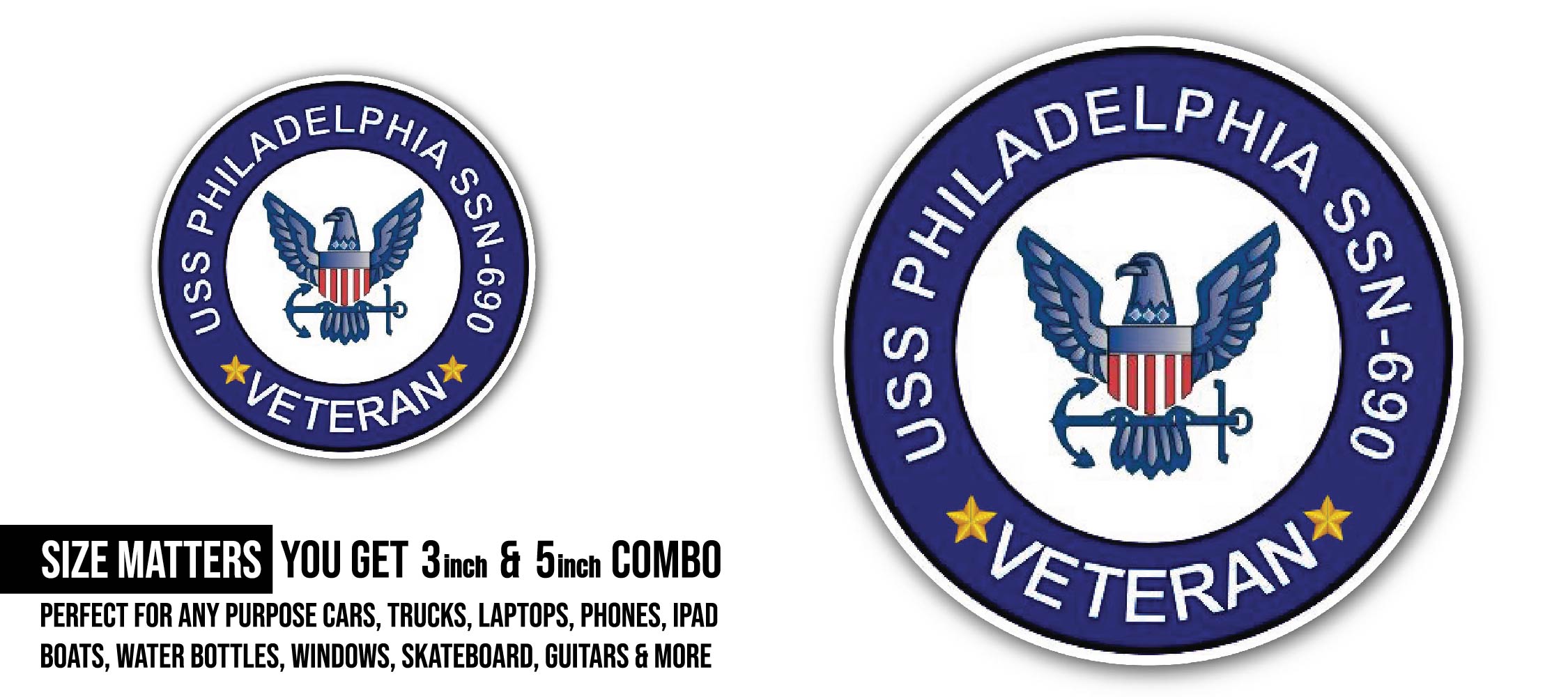 USS Philadelphia SSN-690 Veteran Sticker, Waterproof Vinyl Decal Sticker Indoor Or Outdoor 2 (Pieces) 3" and 5"