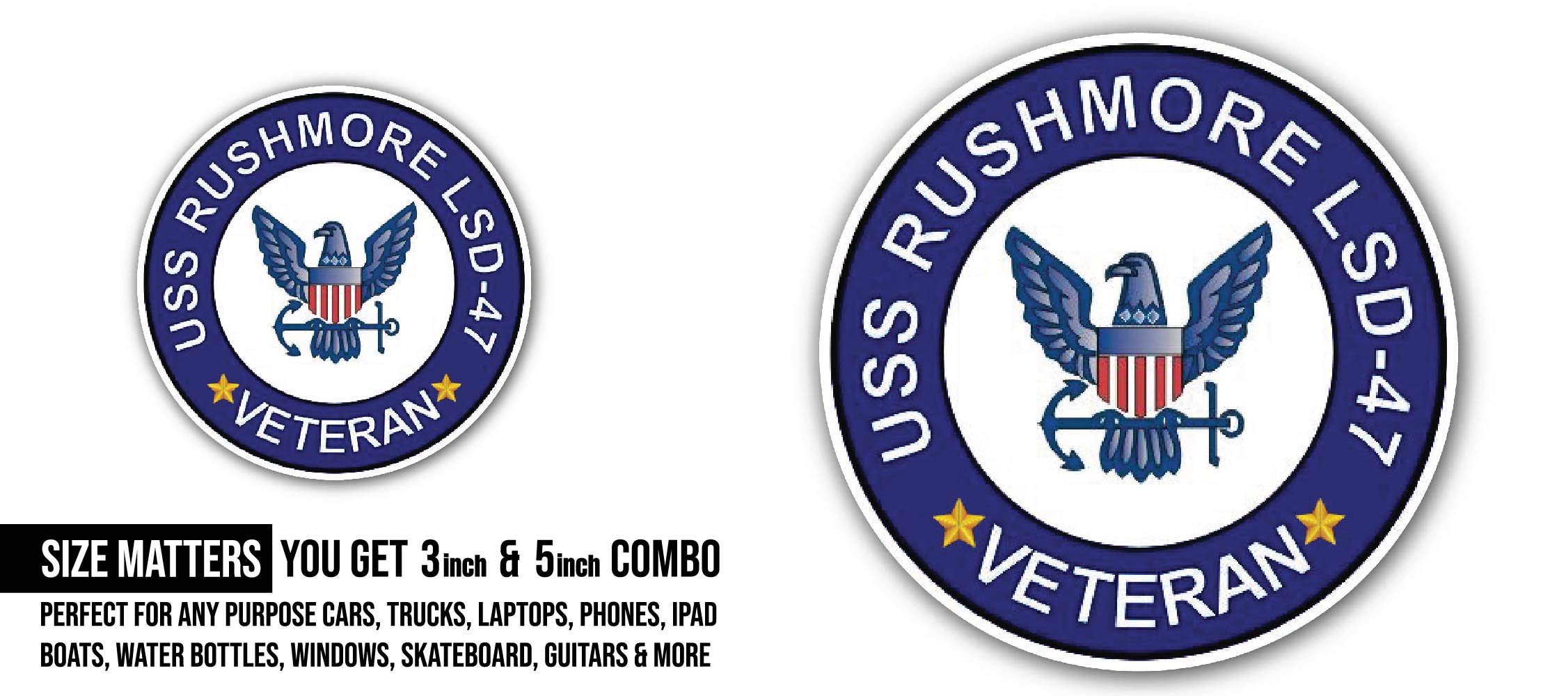 USS Rushmore LSD-47 Veteran Sticker, Waterproof Vinyl Decal Sticker Indoor Or Outdoor 2 (Pieces) 3" and 5"
