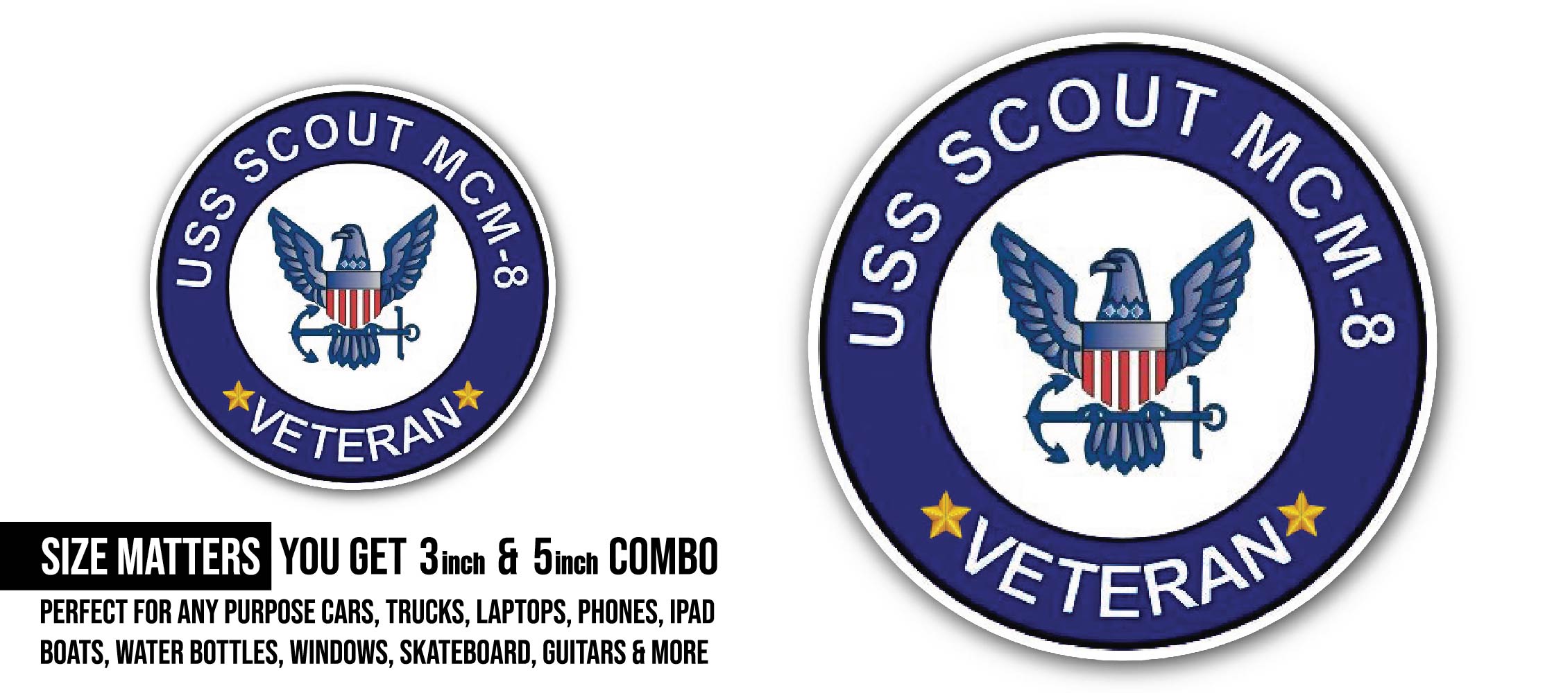 USS Scout MCM-8 Veteran Sticker, Waterproof Vinyl Decal Sticker Indoor Or Outdoor 2 (Pieces) 3" and 5"