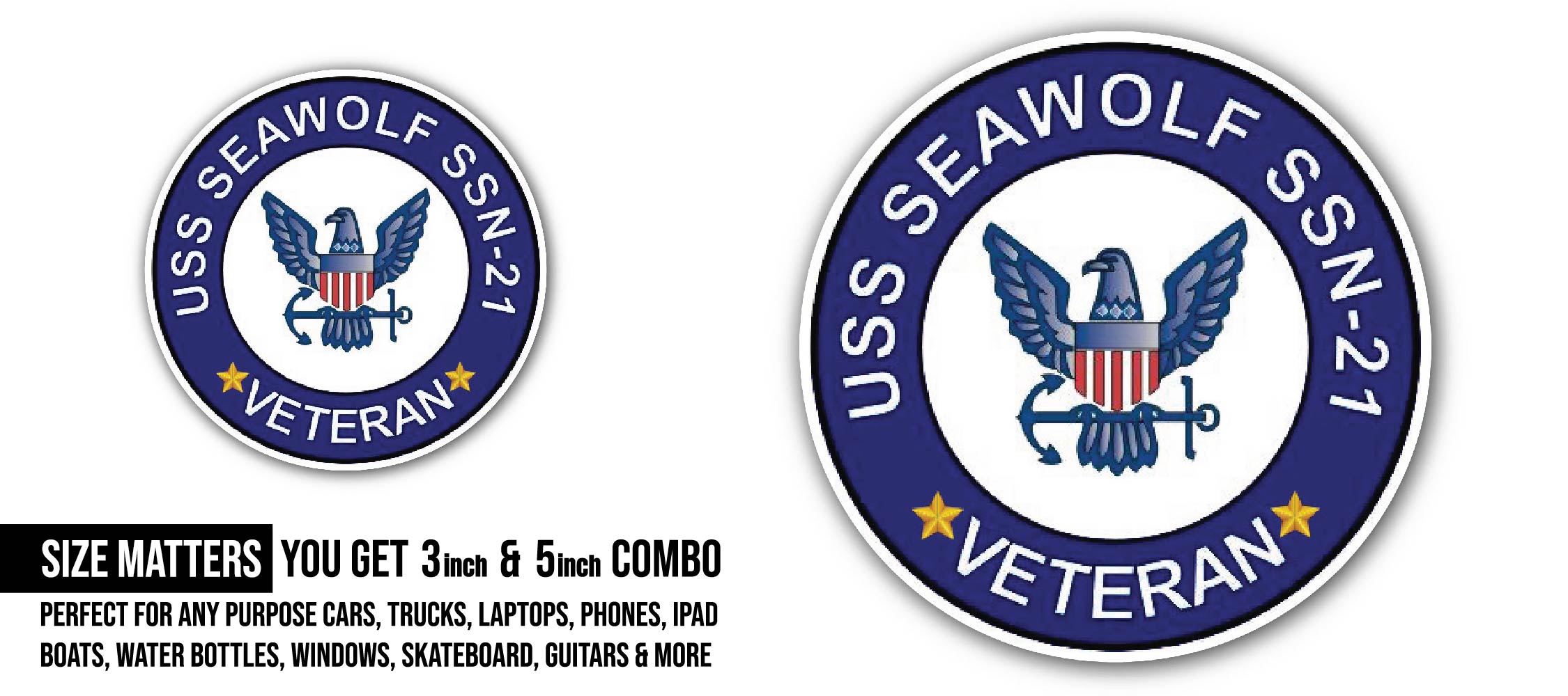 USS Seawolf SSN-21 Veteran Sticker, Waterproof Vinyl Decal Sticker Indoor Or Outdoor 2 (Pieces) 3" and 5"