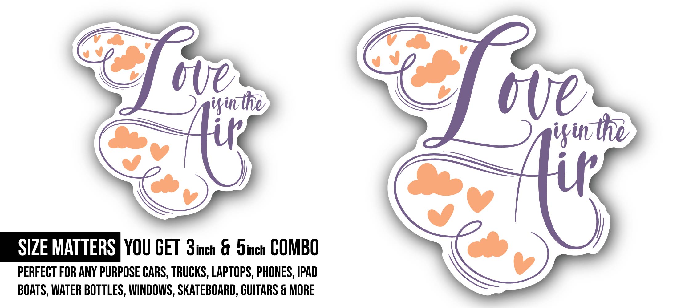 Love is in The Air Text Sticker, Waterproof Vinyl Decal Sticker Indoor Or Outdoor 2 (Pieces) 3" and 5"