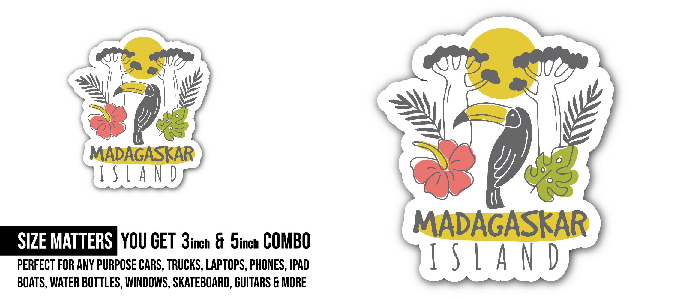 Madagascar Island Sticker, Waterproof Vinyl Decal Sticker Indoor Or Outdoor 2 (Pieces) 3" and 5"