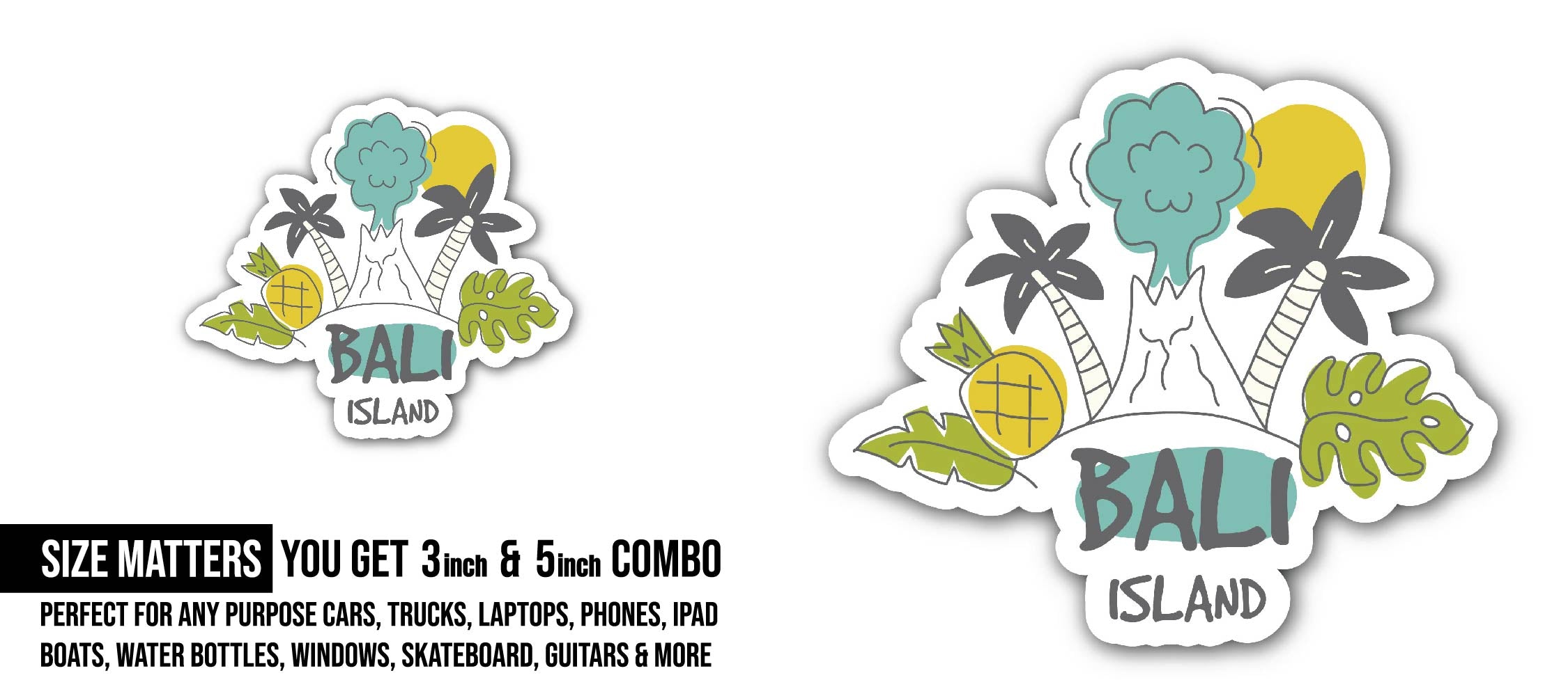 Bali Island Sticker, Waterproof Vinyl Decal Sticker Indoor Or Outdoor 2 (Pieces) 3" and 5"