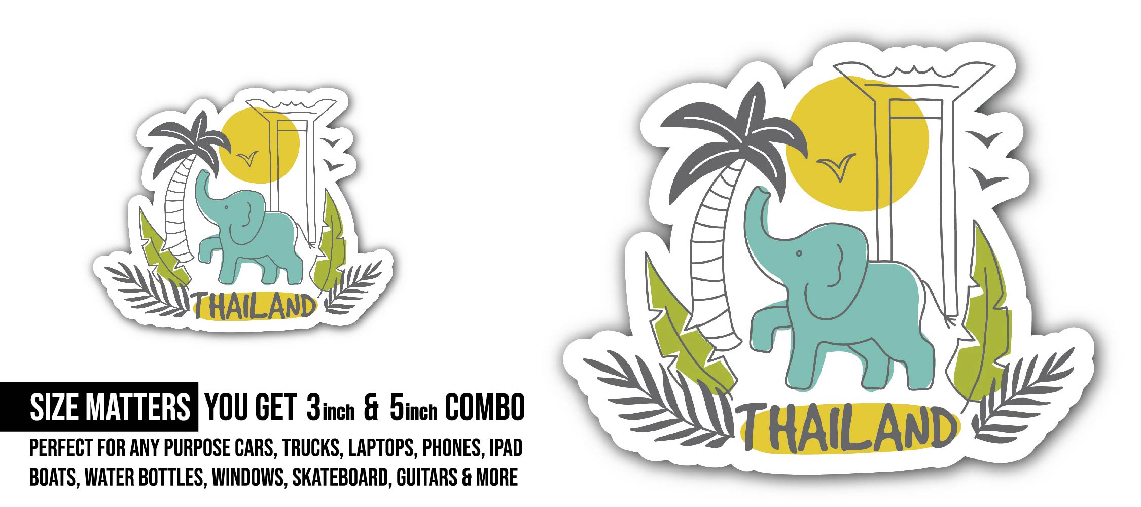 Thai Elephant Sticker, Waterproof Vinyl Decal Sticker Indoor Or Outdoor 2 (Pieces) 3" and 5"