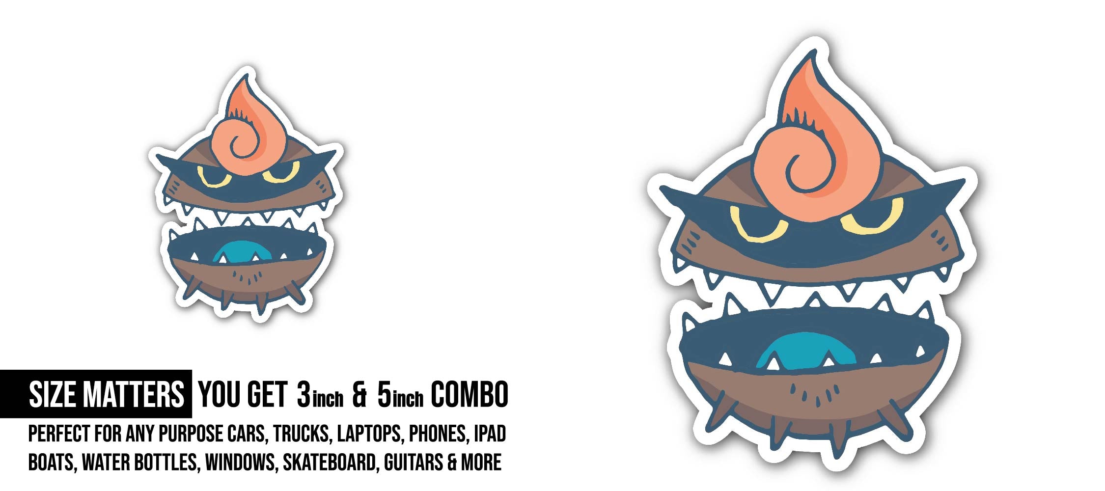 Brown Monster Sticker, Waterproof Vinyl Decal Sticker Indoor Or Outdoor 2 (Pieces) 3" and 5"