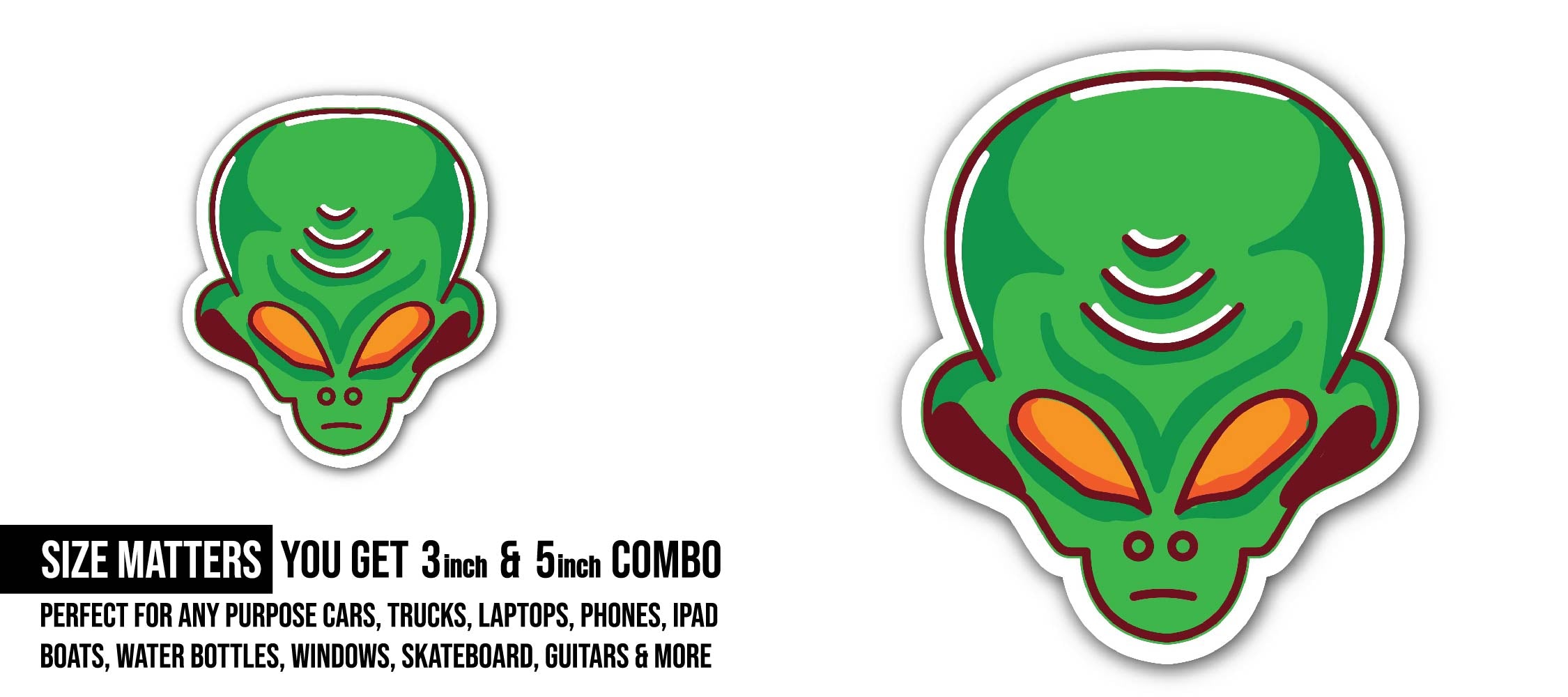 Alien Head Mascot Logo Sticker, Waterproof Vinyl Decal Sticker Indoor Or Outdoor 2 (Pieces) 3" and 5"