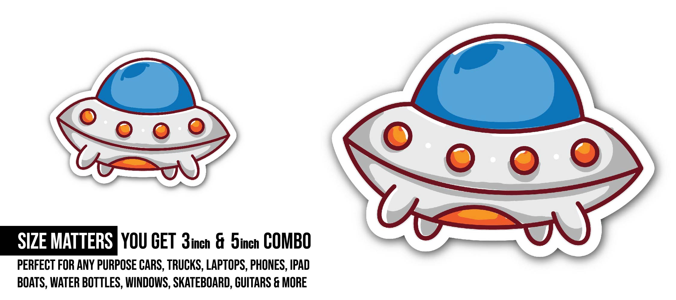 Cartoon Spaceship Sticker, Waterproof Vinyl Decal Sticker Indoor Or Outdoor 2 (Pieces) 3" and 5"