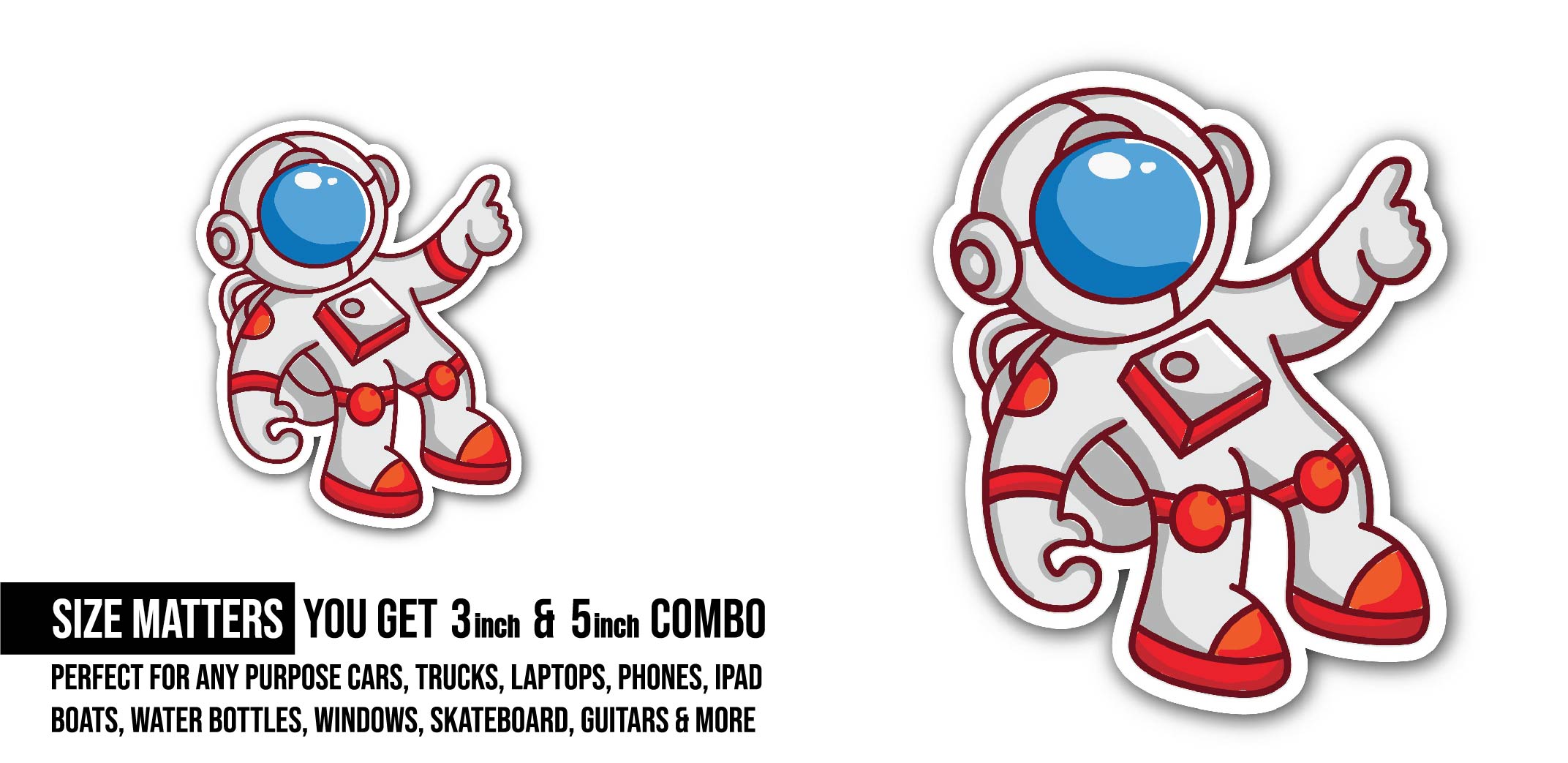 A Cute Astronaut Sticker, Waterproof Vinyl Decal Sticker Indoor Or Outdoor 2 (Pieces) 3" and 5"