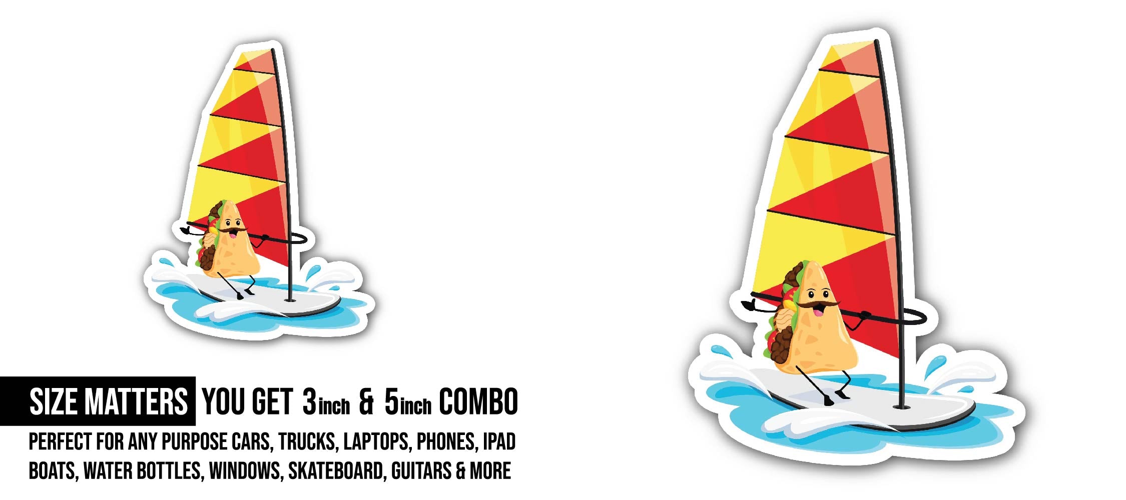 Cartoon Cool Surfing Hotdog Character Sticker, Waterproof Vinyl Decal Sticker Indoor Or Outdoor 2 (Pieces) 3" and 5"