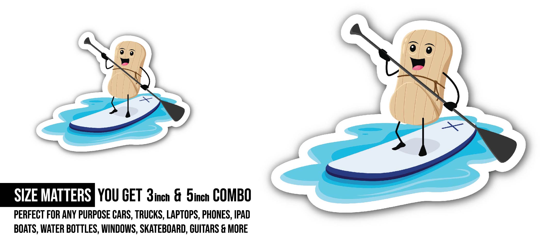 Cute and Funny Peanut surf Sticker, Waterproof Vinyl Decal Sticker Indoor Or Outdoor 2 (Pieces) 3" and 5"