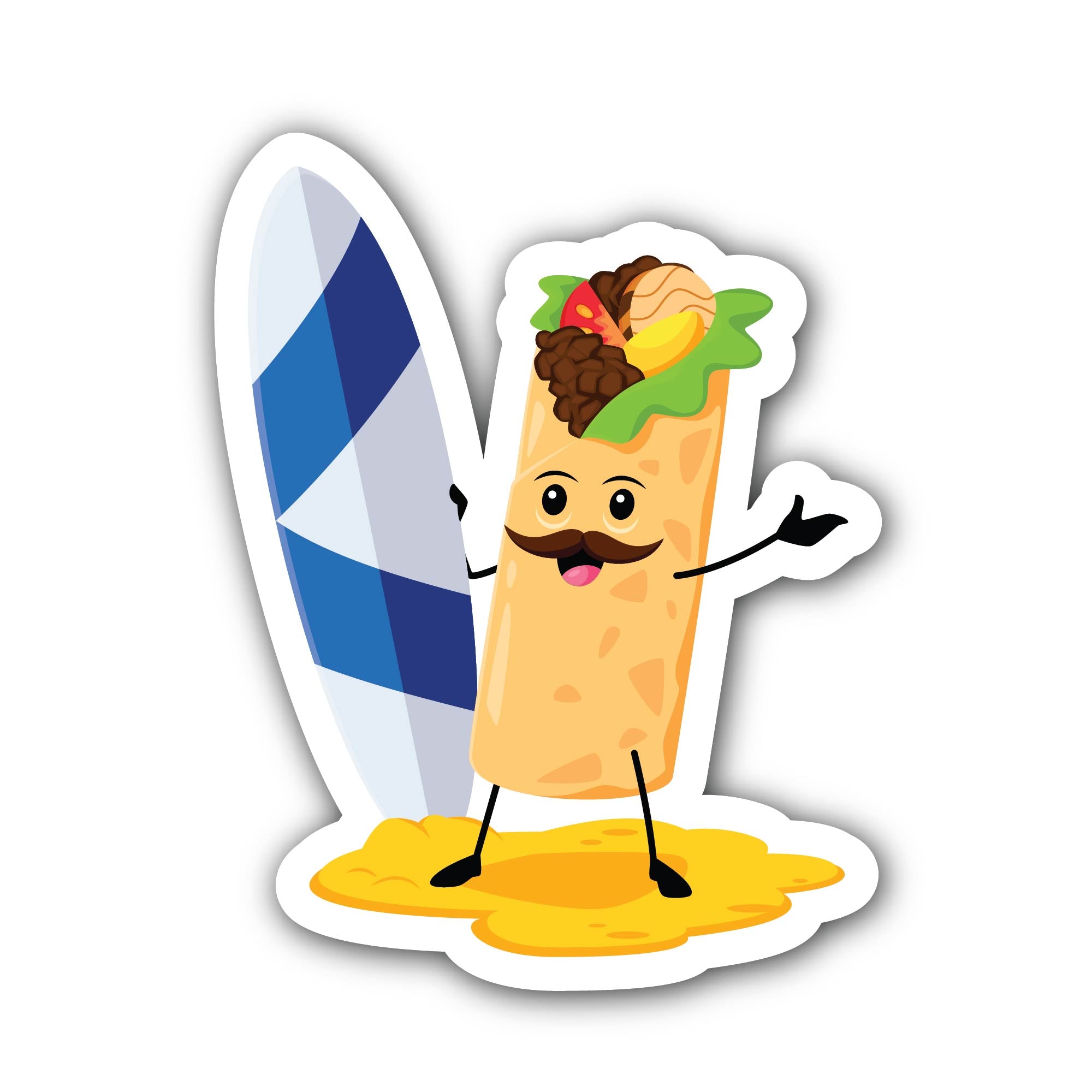 Cartoon tex mex Burrito Character with Surfboard Sticker, Waterproof Vinyl Decal Sticker Indoor Or Outdoor 2 (Pieces) 3" and 5"