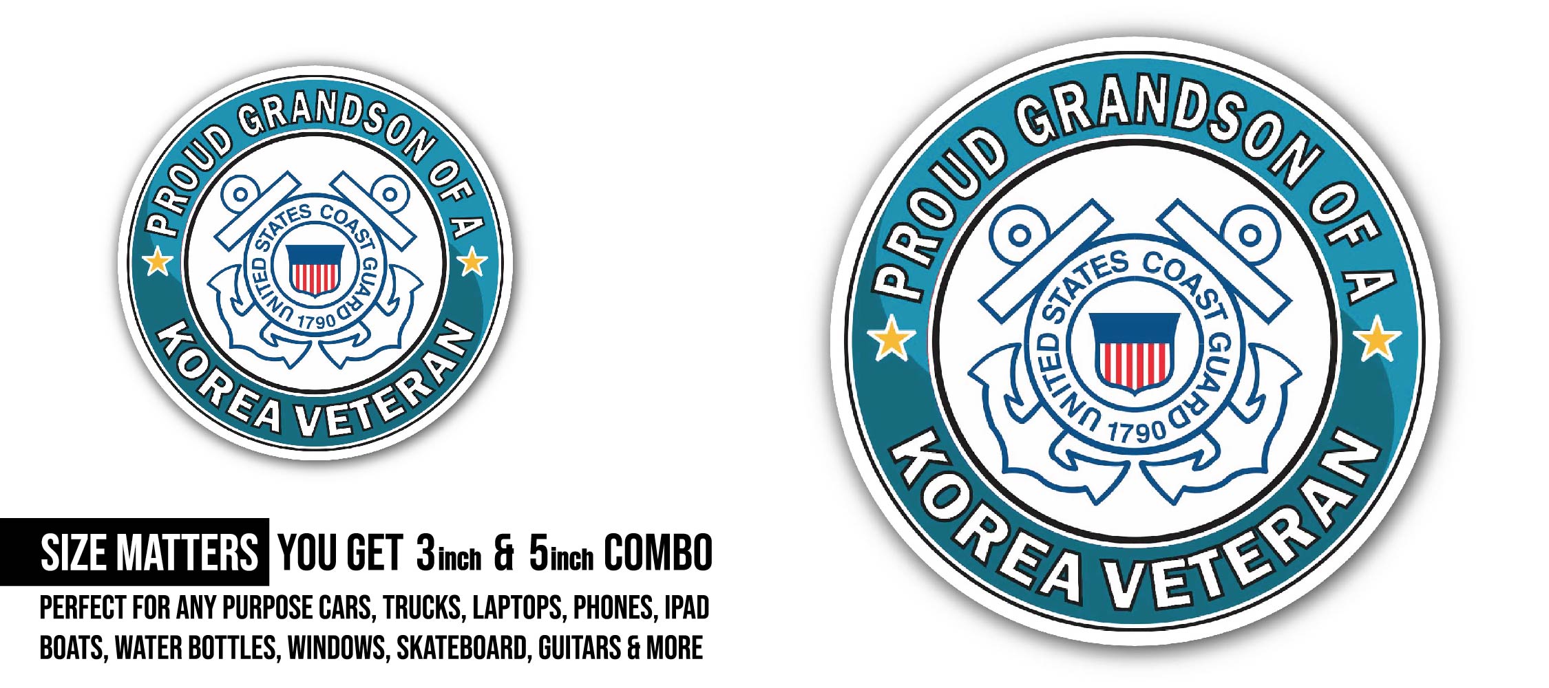 U.S. Coast Guard Proud Grandson of a Korea Veteran Sticker, Waterproof Vinyl Decal Sticker Indoor Or Outdoor 2 (Pieces) 3" and 5"