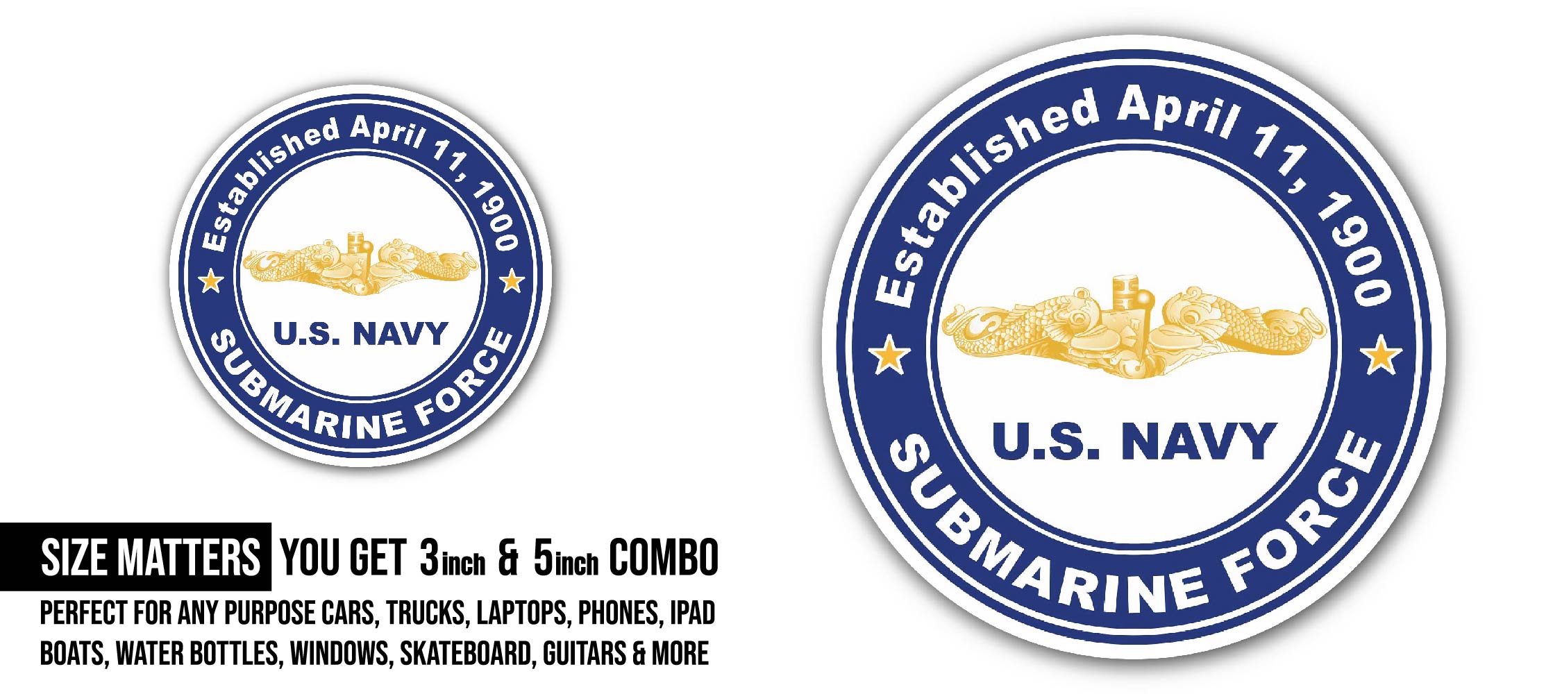 Established April 11, 1900 Submarine Force Gold Dolphins Sticker, Waterproof Vinyl Decal Sticker Indoor Or Outdoor 2 (Pieces) 3" and 5"